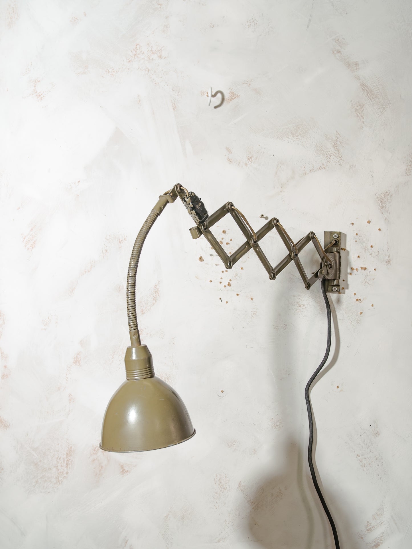 1960s Scissor Wall Lamp by Instala Decín, Dark Green Military Accordion Light, Industrial Harmonica Lighting with Gooseneck, Rewired E27 LED