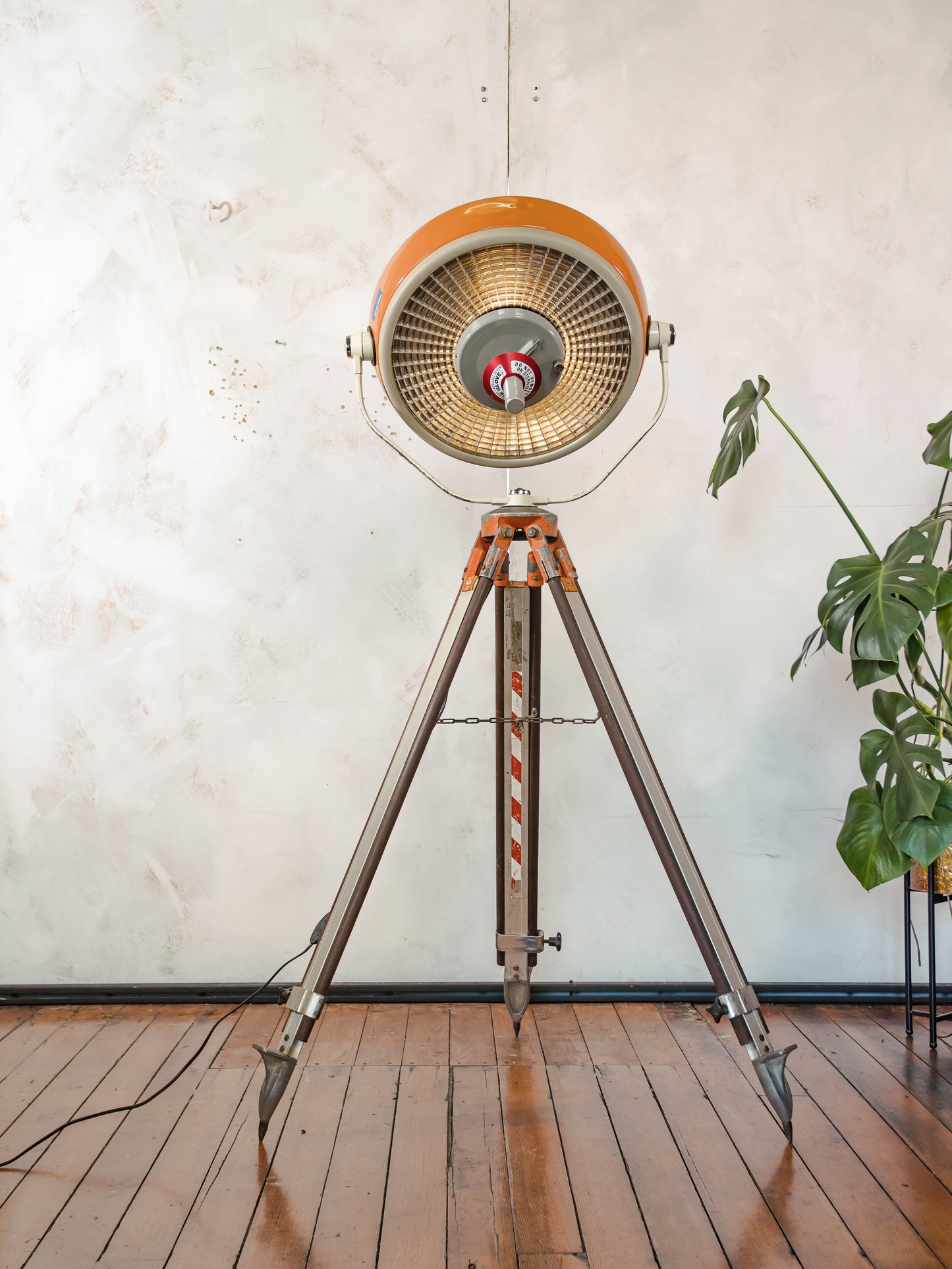 Upcycled Vintage Orange ALM Surgical Spotlight Lamp on Survey Tripod, Retro Industrial Floor Lamp, One of kind Operating Lighting