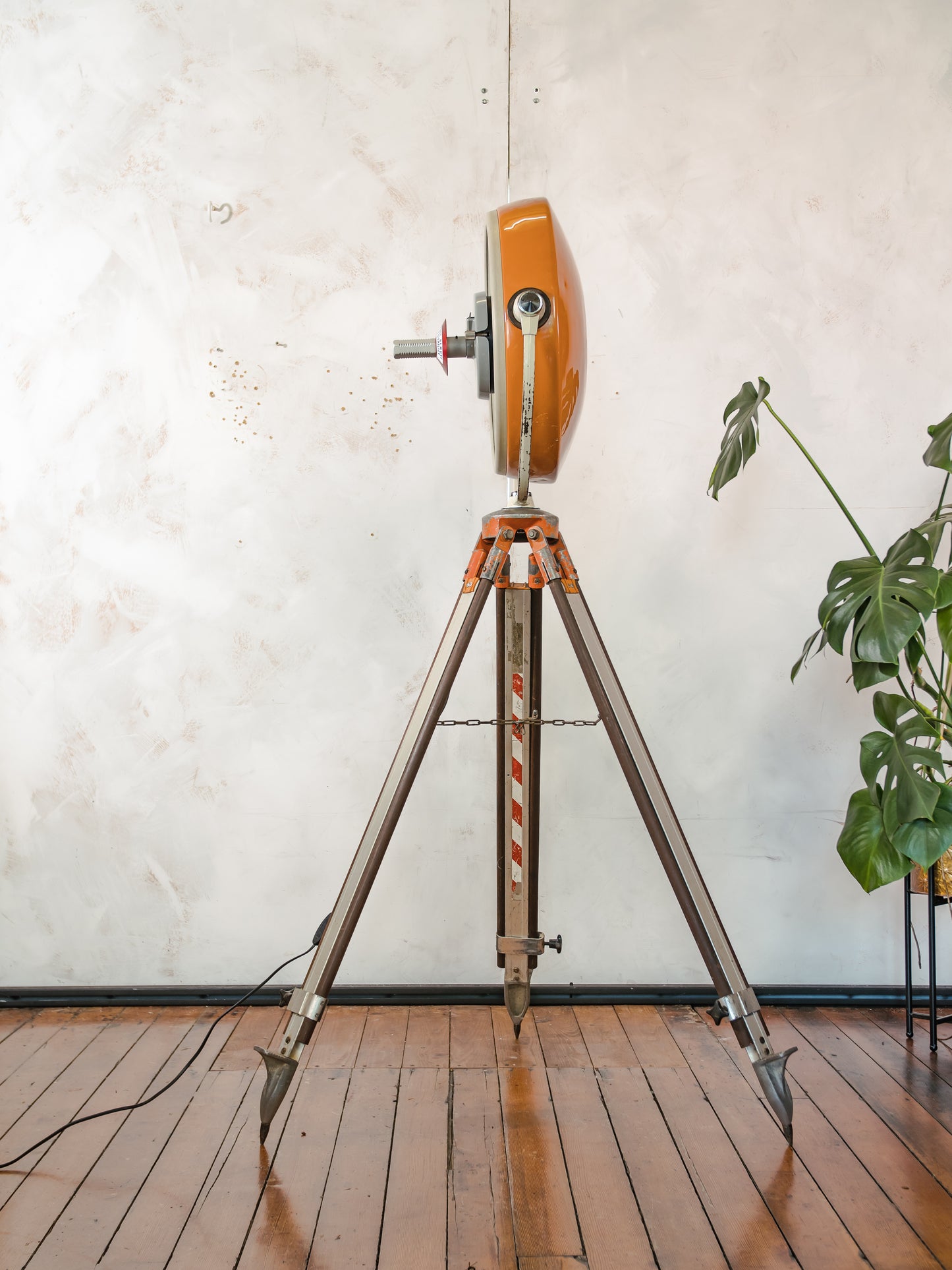 Upcycled Vintage Orange ALM Surgical Spotlight Lamp on Survey Tripod, Retro Industrial Floor Lamp, One of kind Operating Lighting