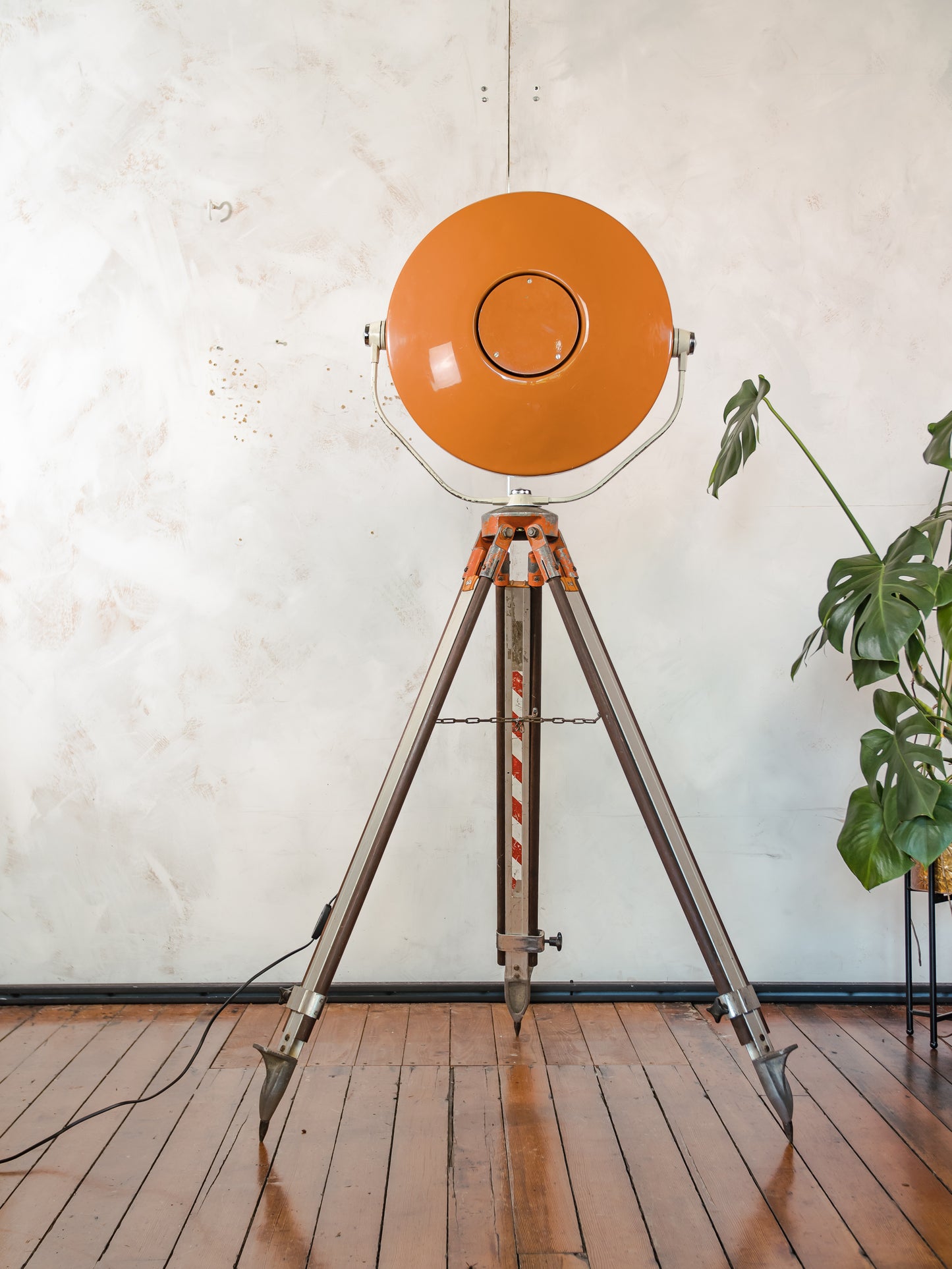 Upcycled Vintage Orange ALM Surgical Spotlight Lamp on Survey Tripod, Retro Industrial Floor Lamp, One of kind Operating Lighting