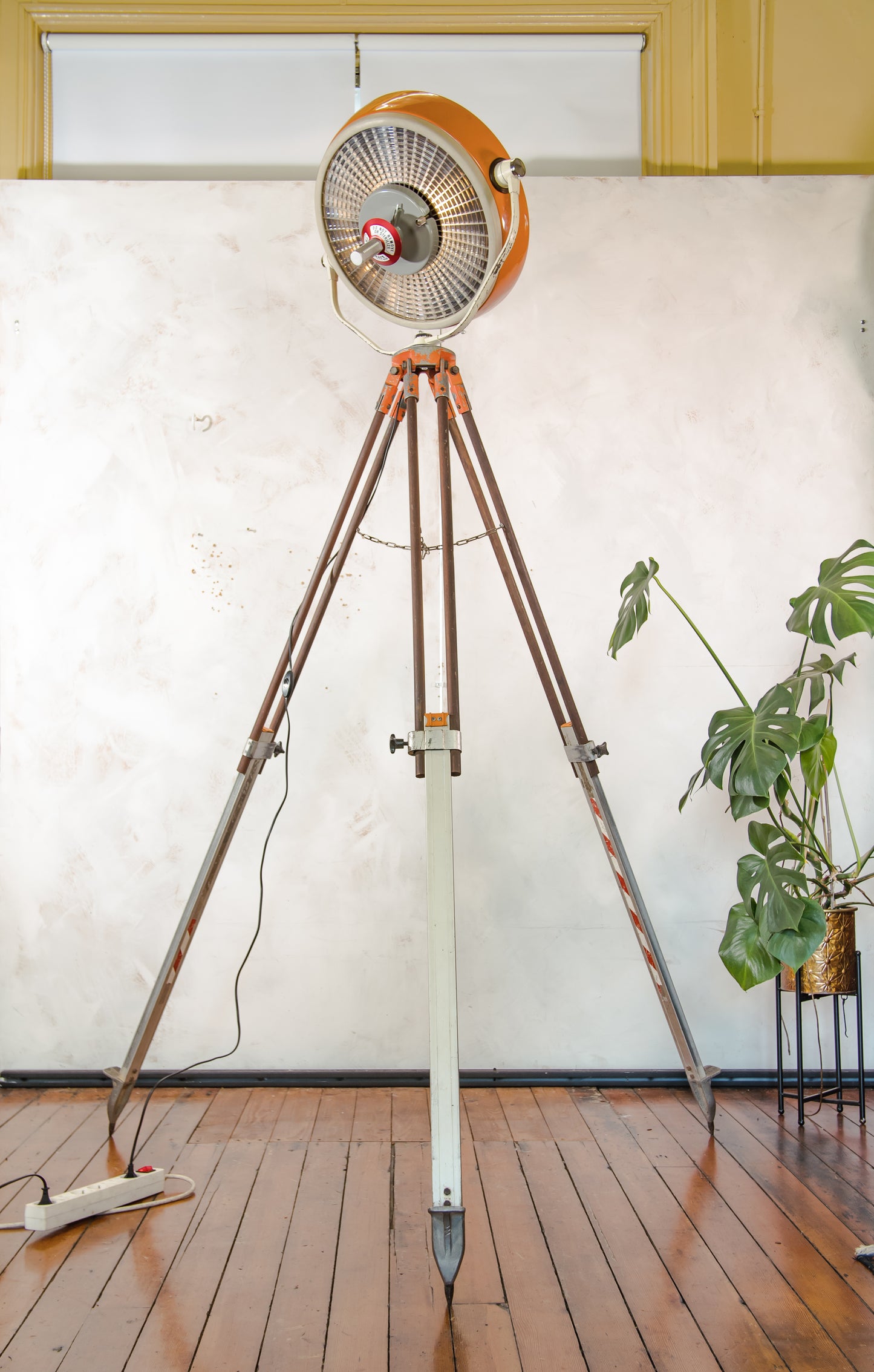 Upcycled Vintage Orange ALM Surgical Spotlight Lamp on Survey Tripod, Retro Industrial Floor Lamp, One of kind Operating Lighting
