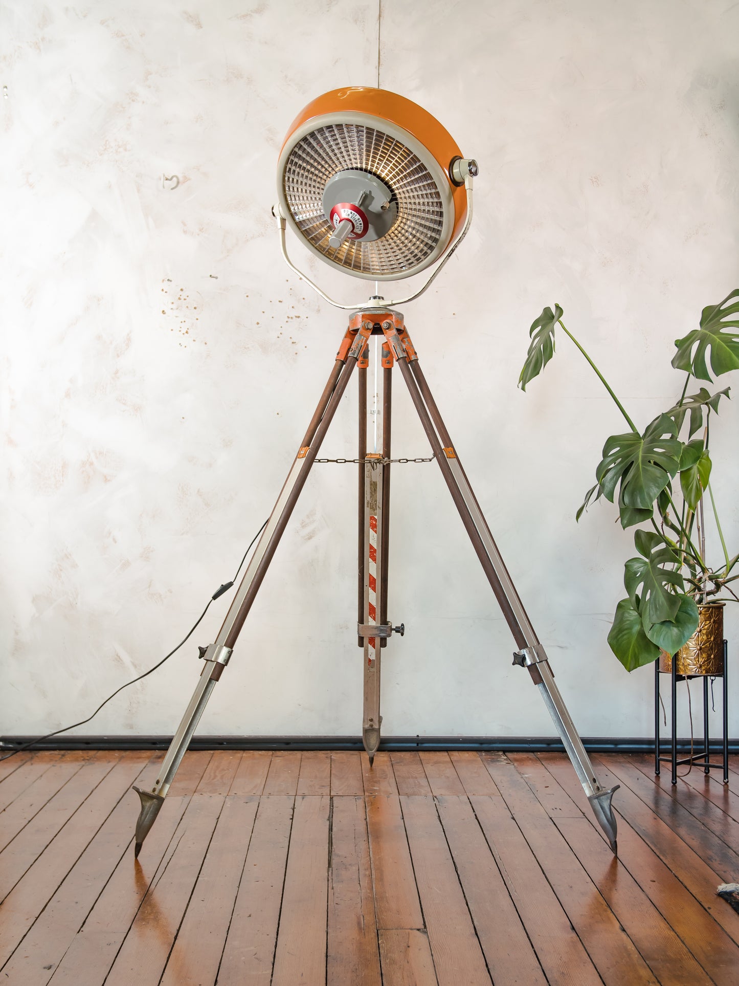 Upcycled Vintage Orange ALM Surgical Spotlight Lamp on Survey Tripod, Retro Industrial Floor Lamp, One of kind Operating Lighting