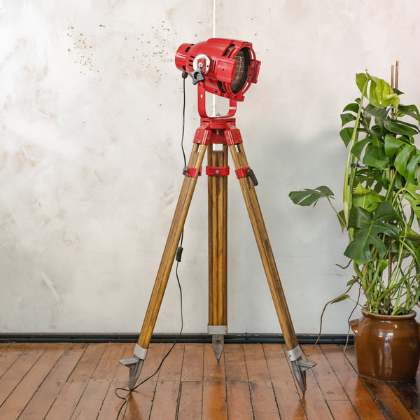 Red Stage Spotlight Floor Lamp on Wooden Surveying Tripod - Retro Upcycled Theatre Light, E27