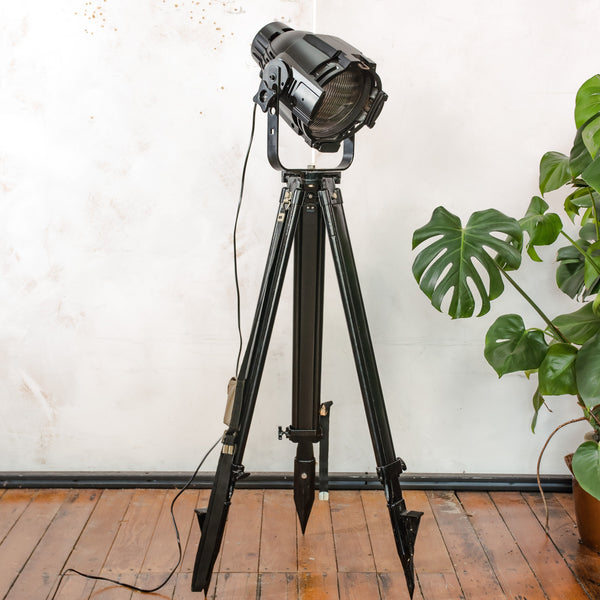 Fargo Multipar Theatre Spotlight Floor Lamp | Vintage Stage Light on Black Surveyor's Tripod