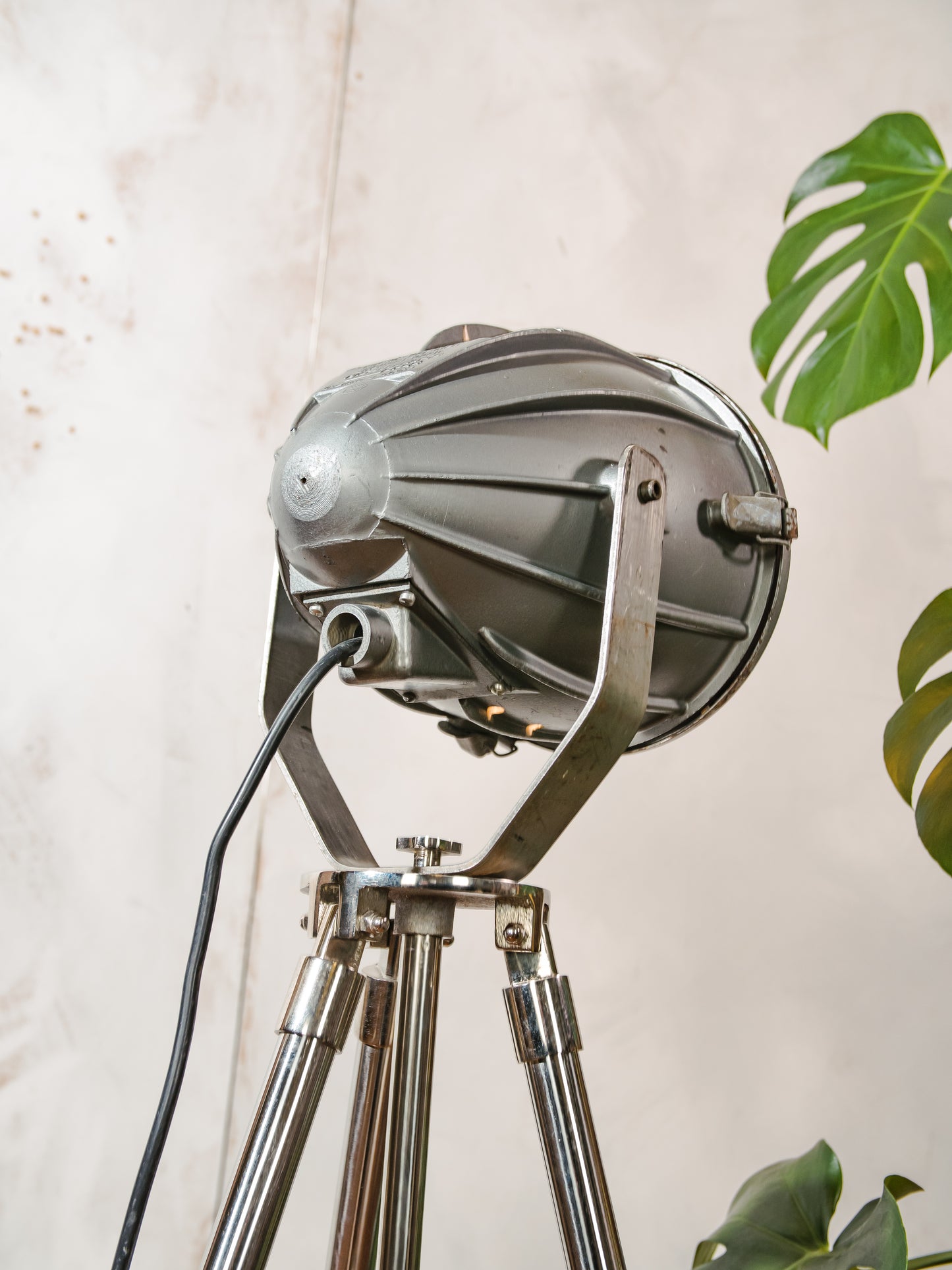 Vintage Spotlight on Chrome Tripod Floor Lamp, Gray 1970s CCCP Soviet Rocket Shaped industrial Lighting, Mid Century Modern