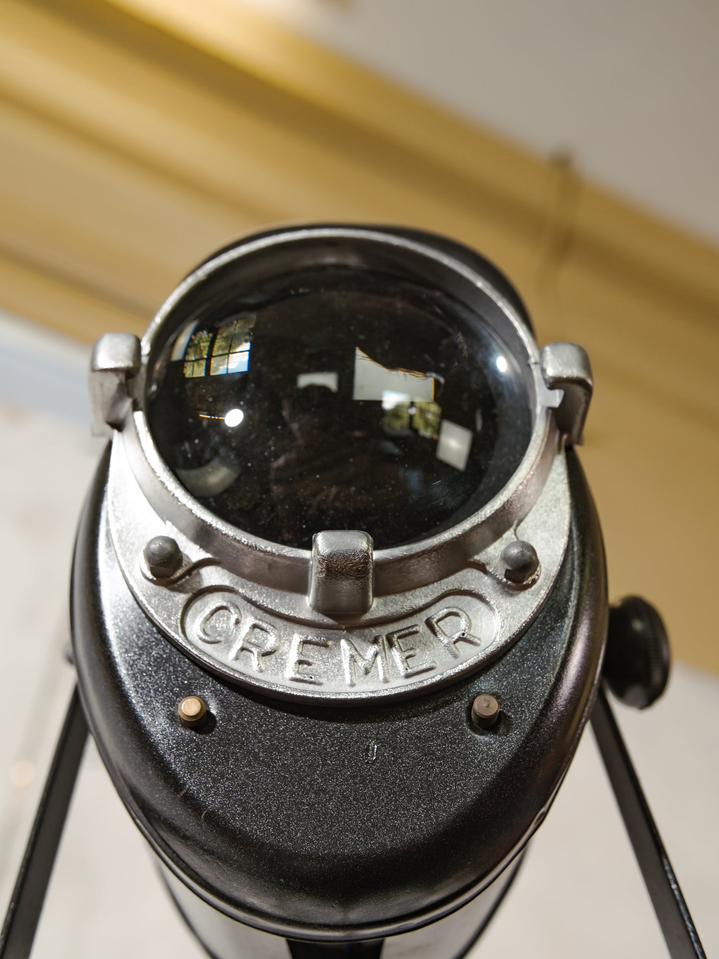 1950s A.E. Cremer Baby spotlight on original Tripod Black Floor lamp, Vintage French Theatre Light Standard Lighting