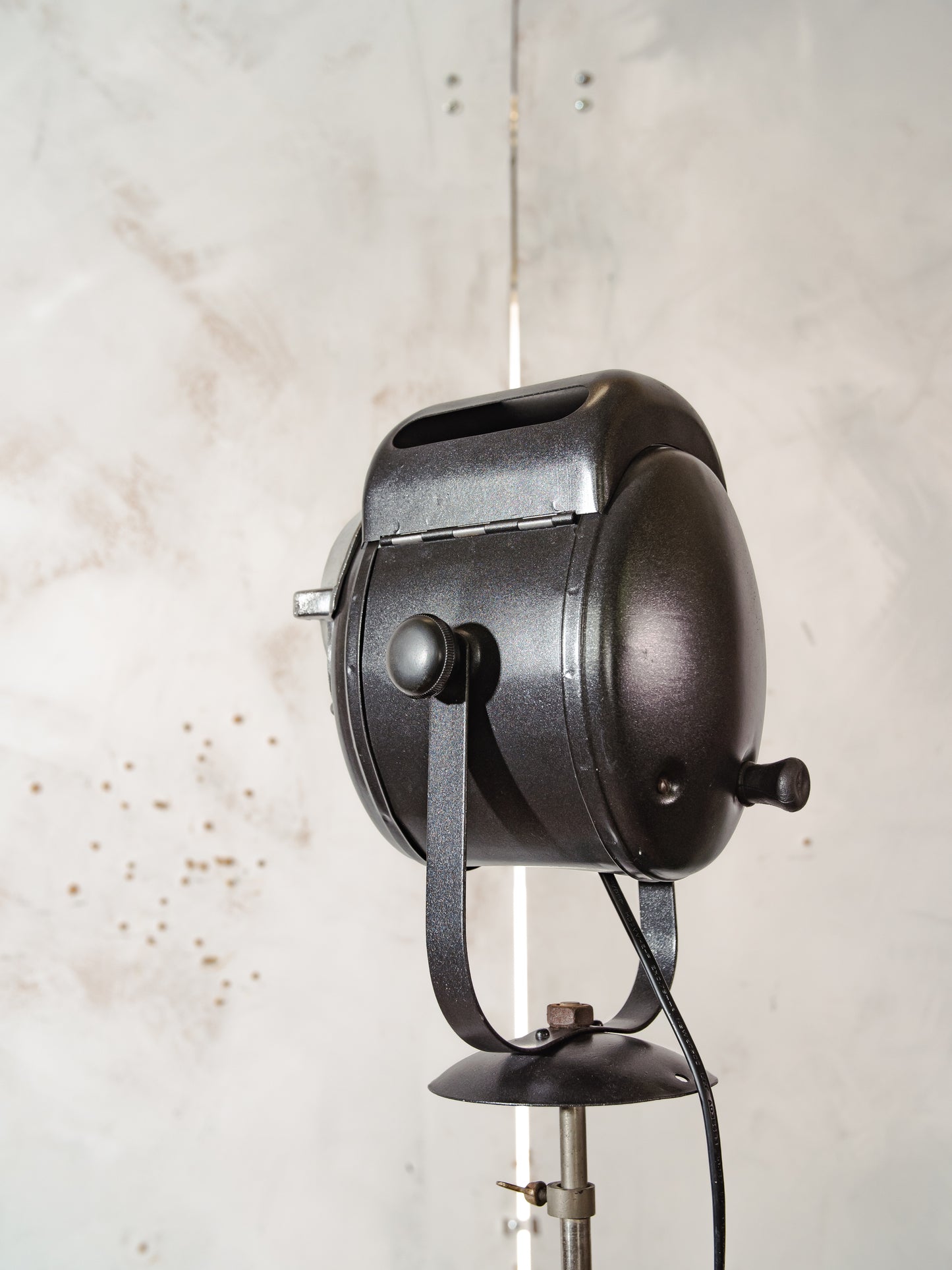 1950s A.E. Cremer Baby spotlight on original Tripod Black Floor lamp, Vintage French Theatre Light Standard Lighting
