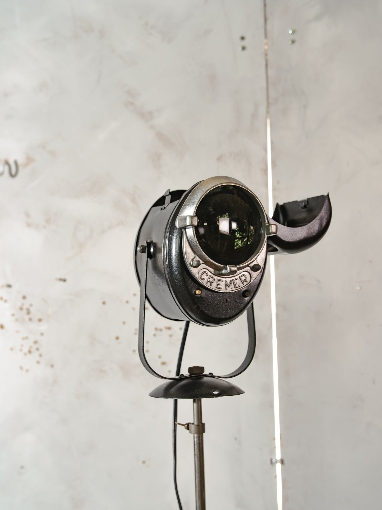 1950s A.E. Cremer Baby spotlight on original Tripod Black Floor lamp, Vintage French Theatre Light Standard Lighting