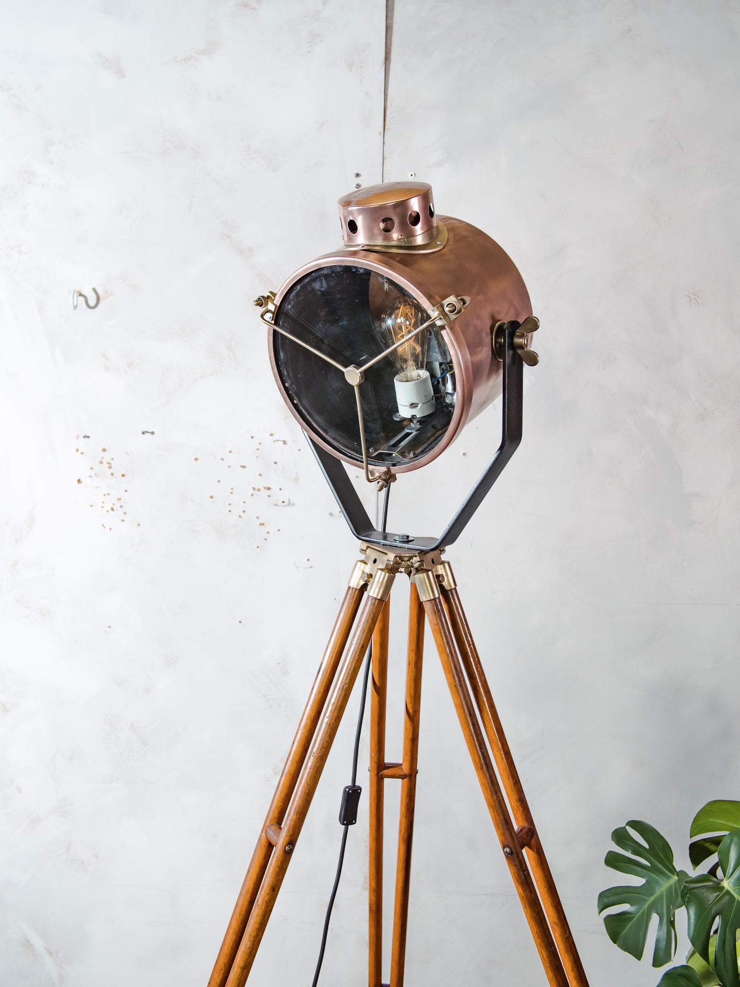 Antique Francis Bolton Searchlight 1930s, Copper and Brass Spotlight on Classic wooden Tripod,Ship lamp Nautical home decor