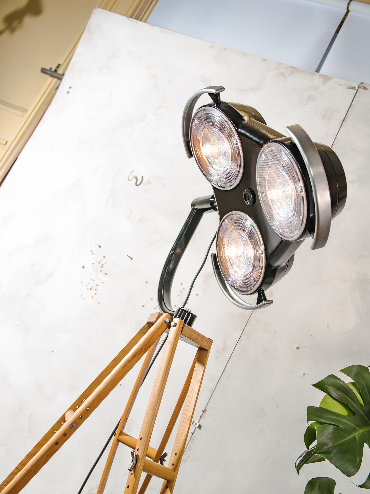 Black Hospital 3-way Floor Lamp, Upcycled MCM Spotlight on Wooden Crutches Tripod, Retro Surgery Statement Lighting Loft & Studio