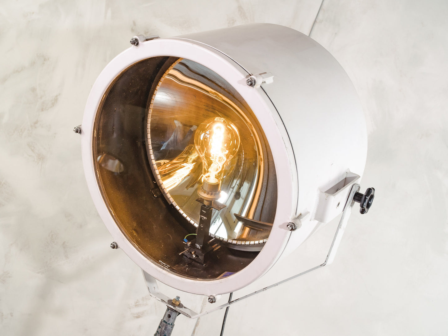 Large White Searchlight Floor lamp on Standard Tripod, Nautical Spotlight upcycled Lighting