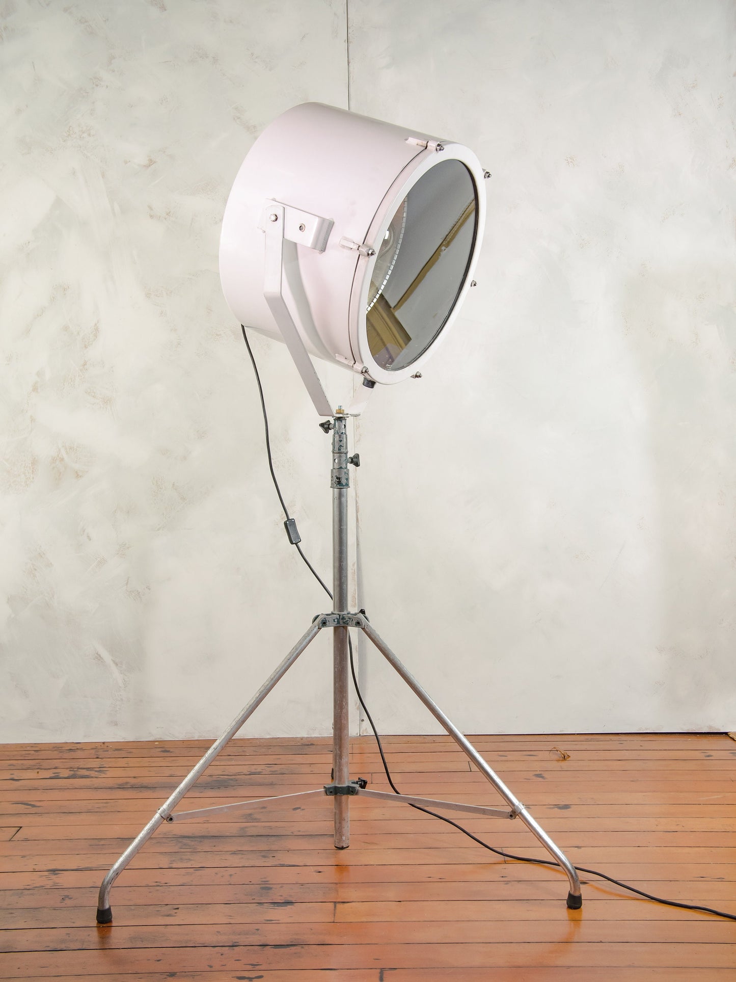Large White Searchlight Floor lamp on Standard Tripod, Nautical Spotlight upcycled Lighting