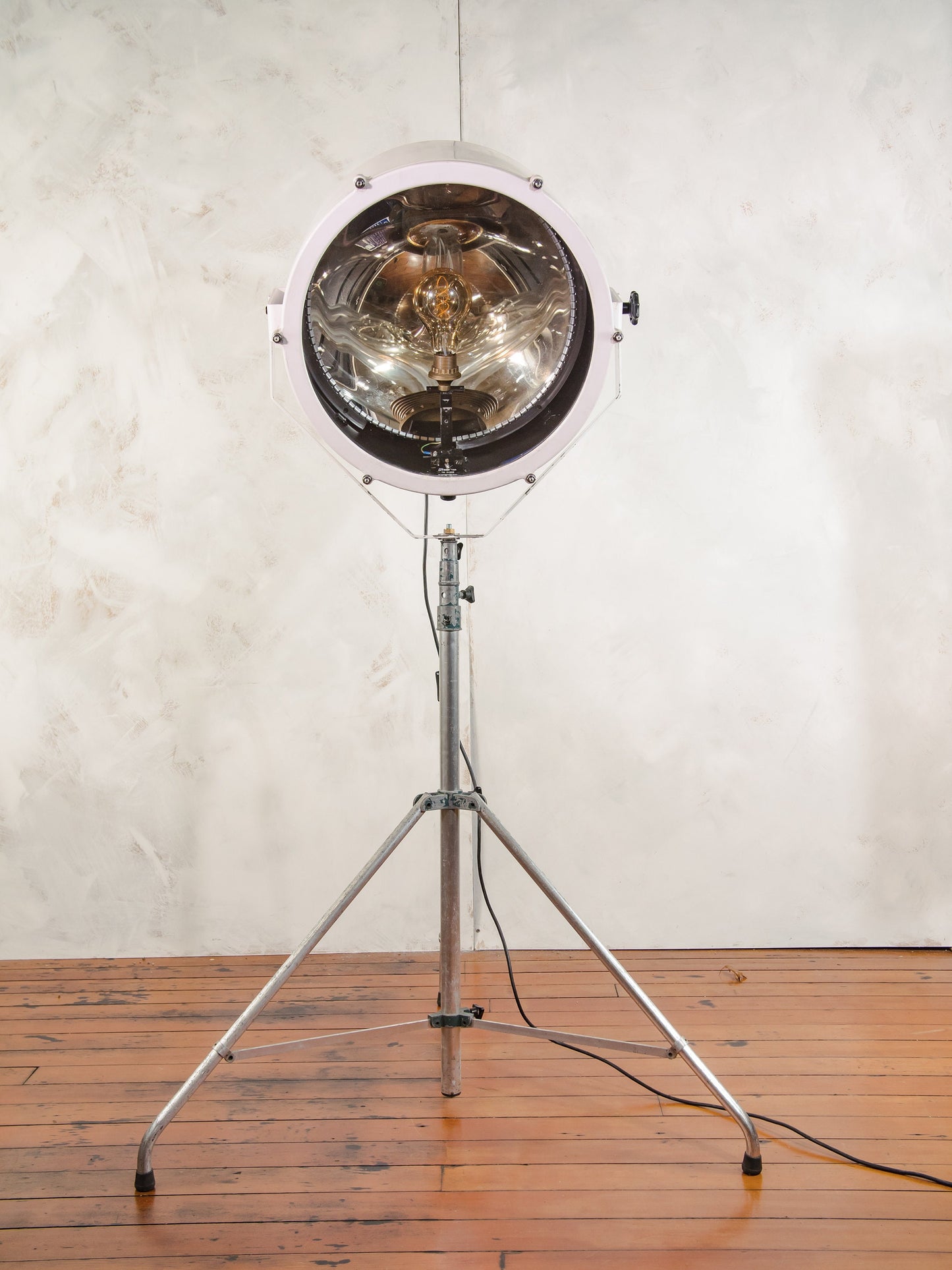 Large White Searchlight Floor lamp on Standard Tripod, Nautical Spotlight upcycled Lighting