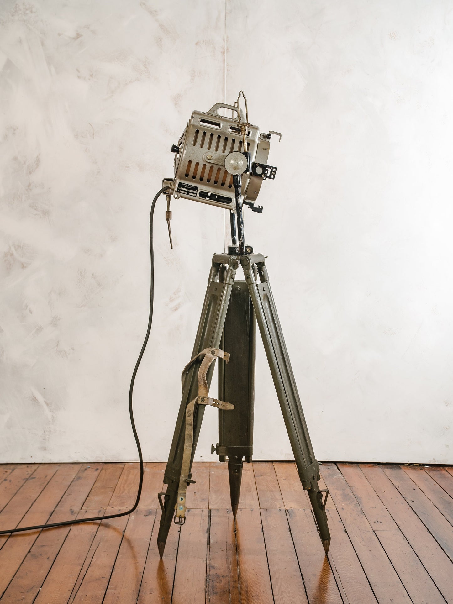 Arnold & Richter 1950s ARRI, Unique Vintage Hollywood Film Spotlight | German Studio Spotlight on a Vintage Wooden Army Surveyors Tripod