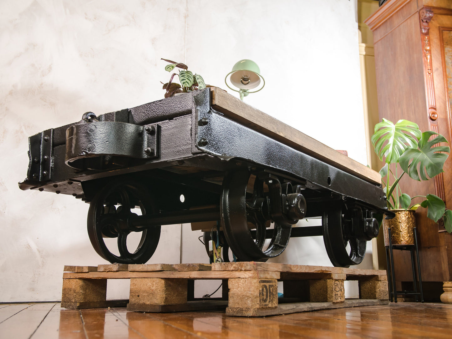 Antique Mining Cart Coffee Table, 1920s French Decauville Industrial Railway Wagon Cast iron, Salvaged Factory Carriage with Oak table-top