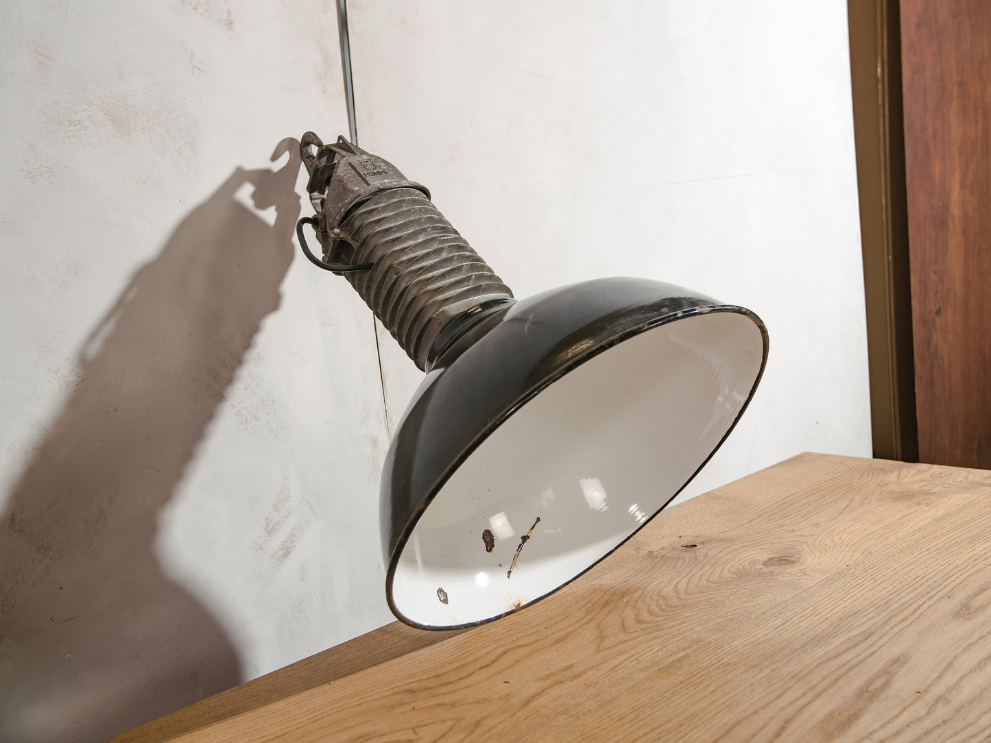 Industrial Factory Pendant lamp with Patina, Philips Hanging lamp workshop enamel 1950s