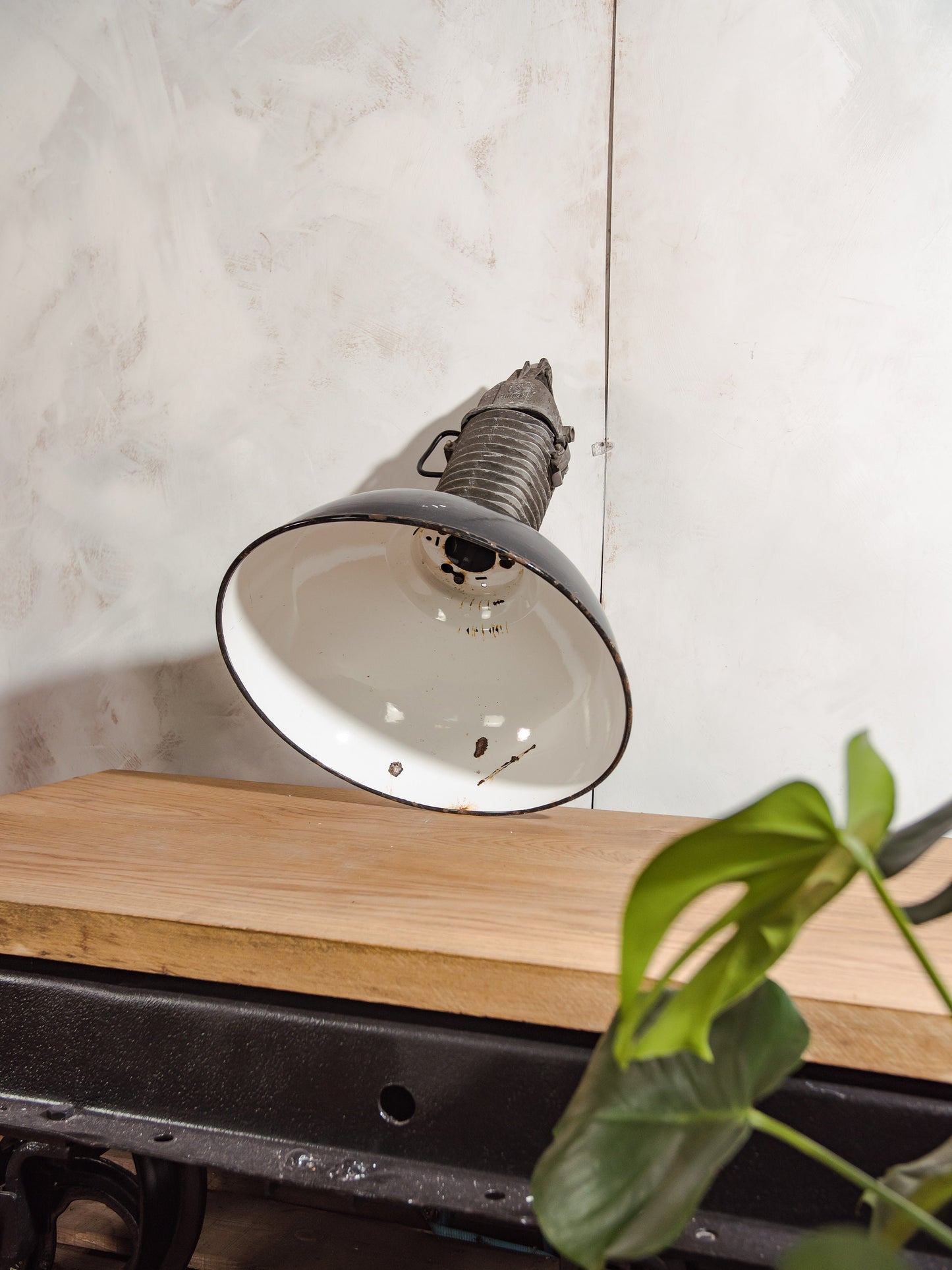Industrial Factory Pendant lamp with Patina, Philips Hanging lamp workshop enamel 1950s