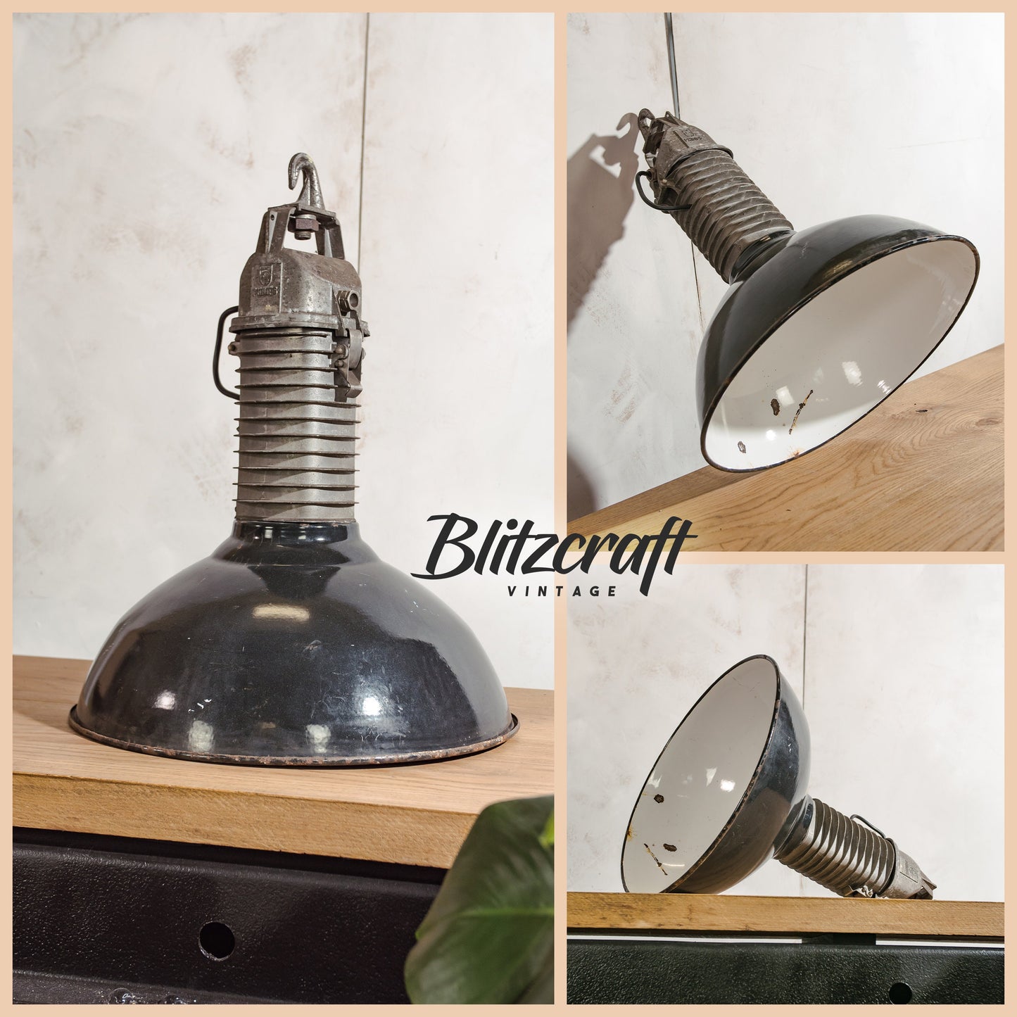 Industrial Factory Pendant lamp with Patina, Philips Hanging lamp workshop enamel 1950s