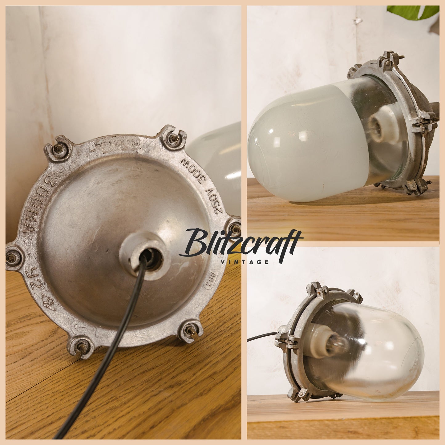 Grote industriële melkglas- en metaalmijnlamp, zware mijnhanglamp, oude bunkerlamp EOW