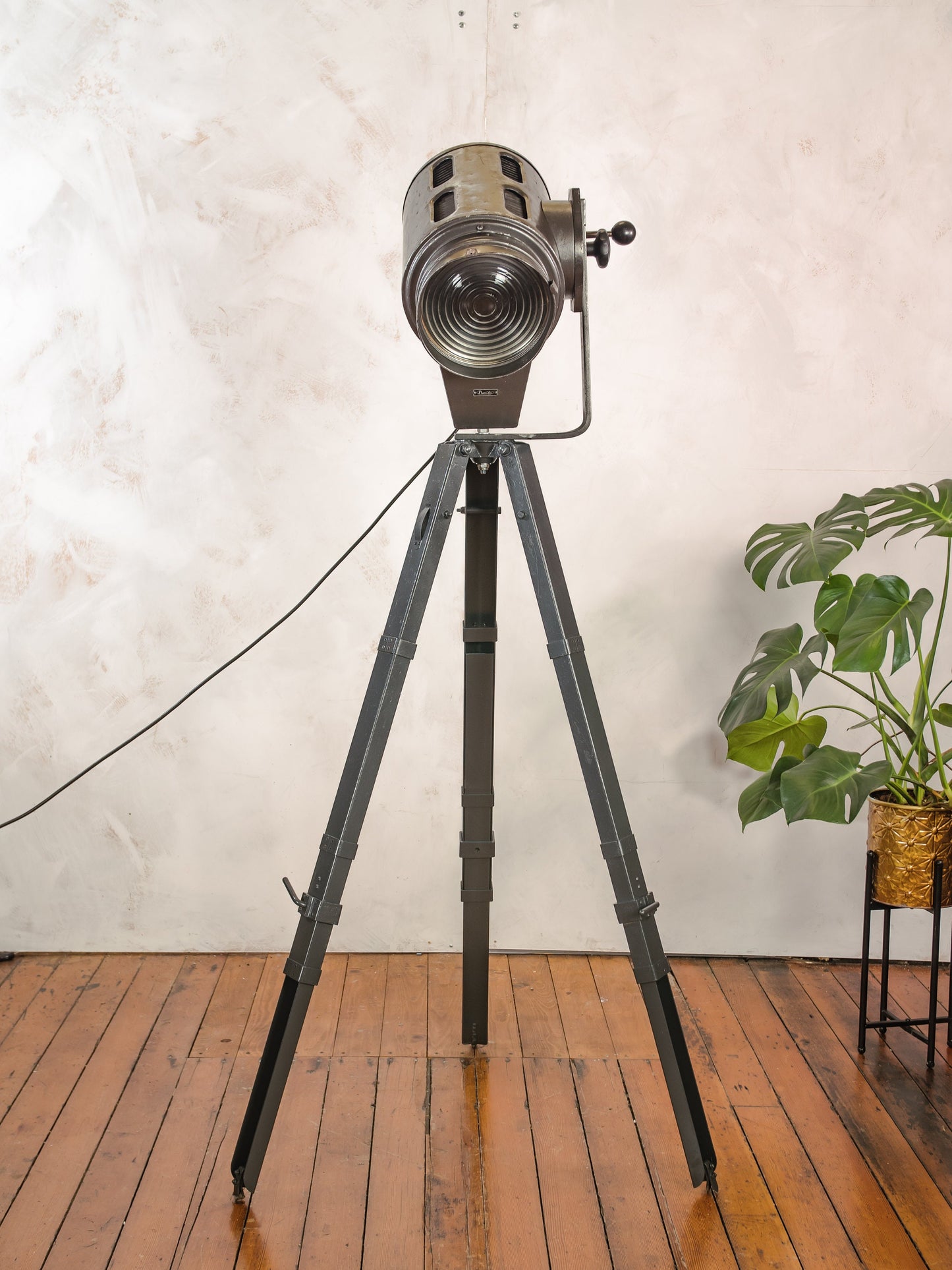 Vintage 1960s Narita Gray Industrial Photo Studio light on an old Metal Surveyor Tripod, Fresnel Spotlight Floor lamp