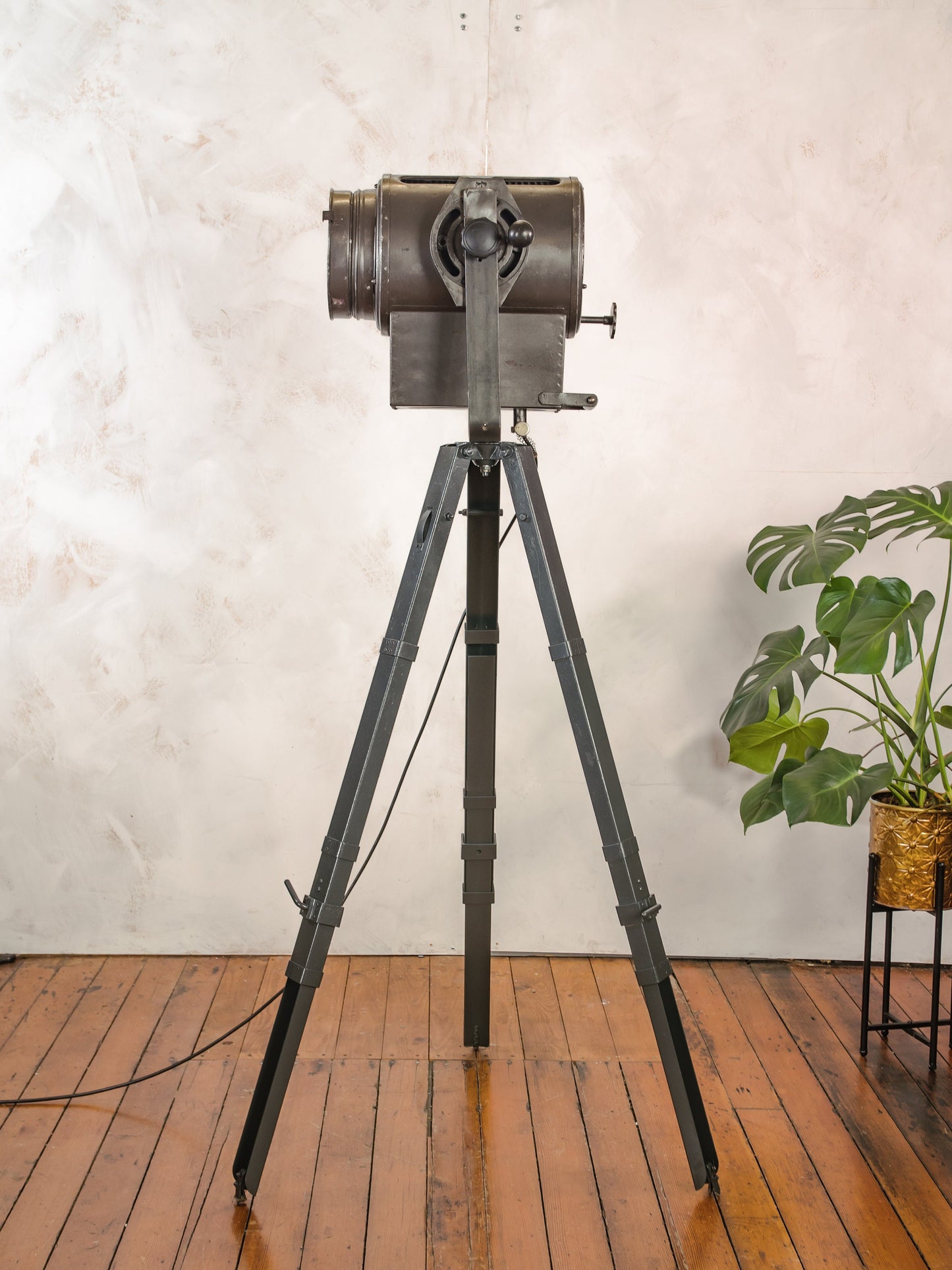 Vintage 1960s Narita Gray Industrial Photo Studio light on an old Metal Surveyor Tripod, Fresnel Spotlight Floor lamp