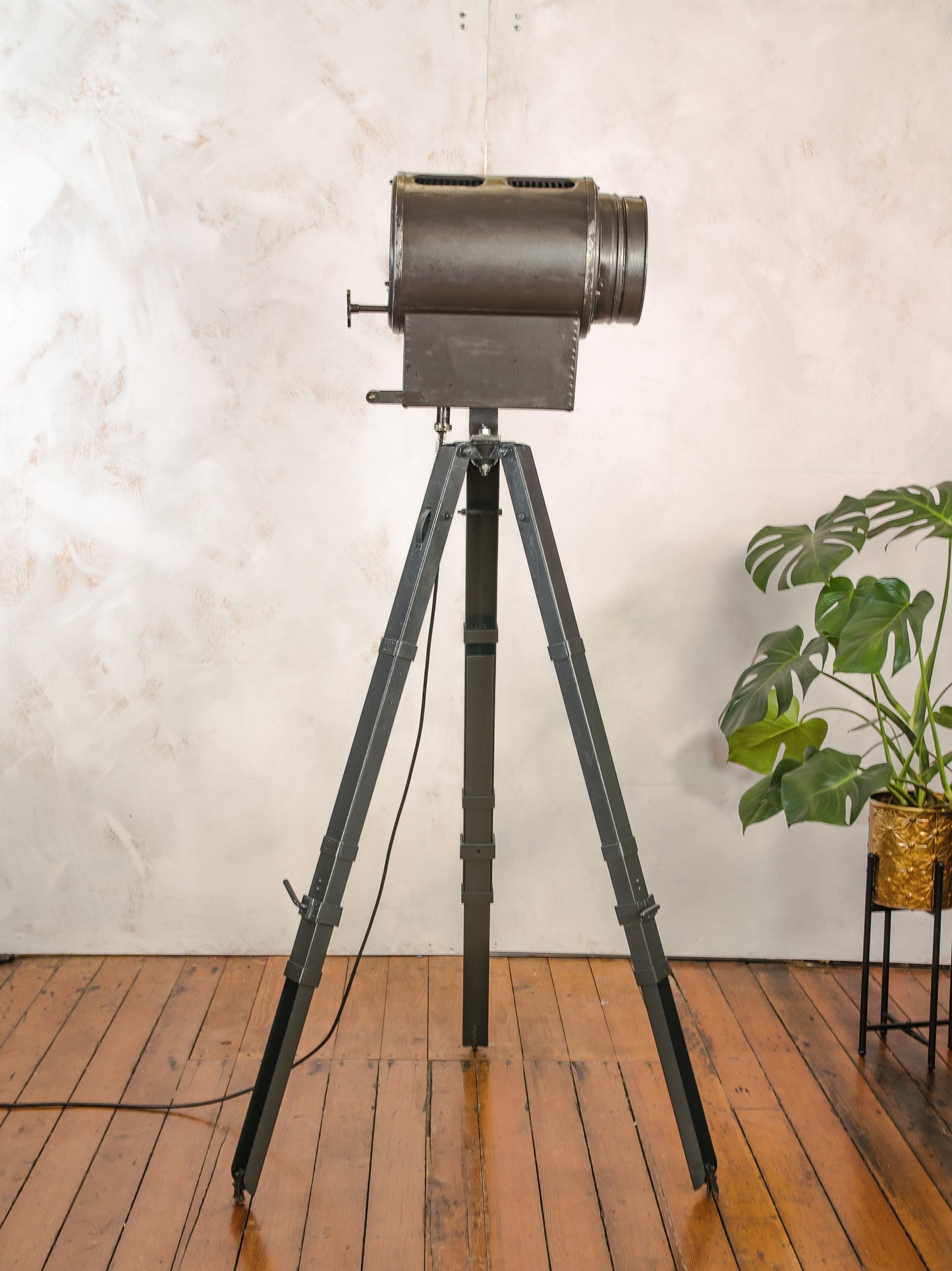 Vintage 1960s Narita Gray Industrial Photo Studio light on an old Metal Surveyor Tripod, Fresnel Spotlight Floor lamp