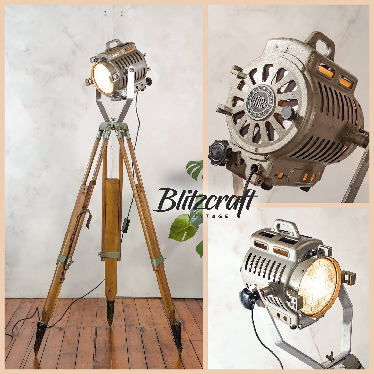 ARRI Arnold & Richter Vintage Hollywood Film Spotlight uit de jaren 50, Duitse studiospotlight op een vintage houten landmeterstatief