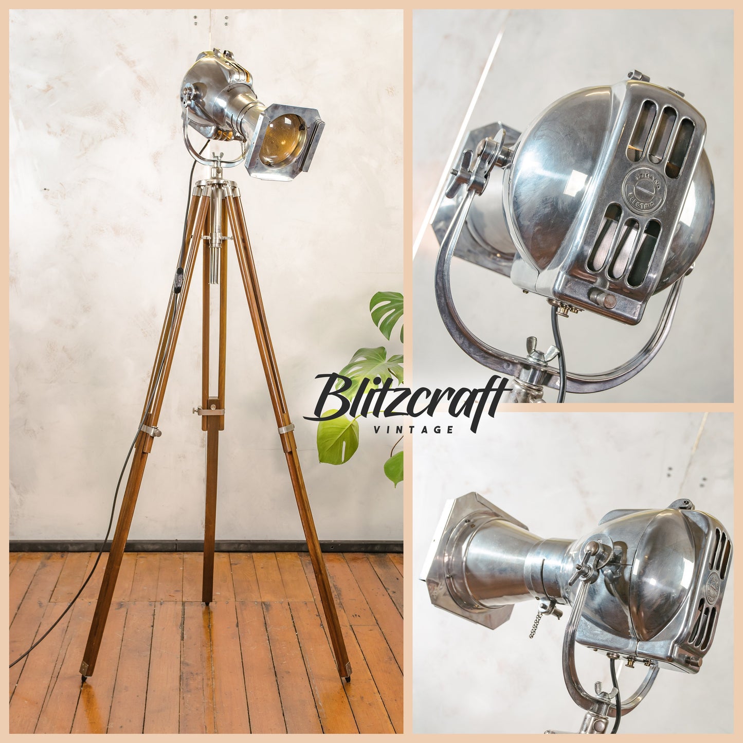 Mid-century Theater lamp Floor lamp, Polished Strand Electric Patt 23N 1960s on Teak wooden Adjustable Tripod, Vintage Movie spotlight
