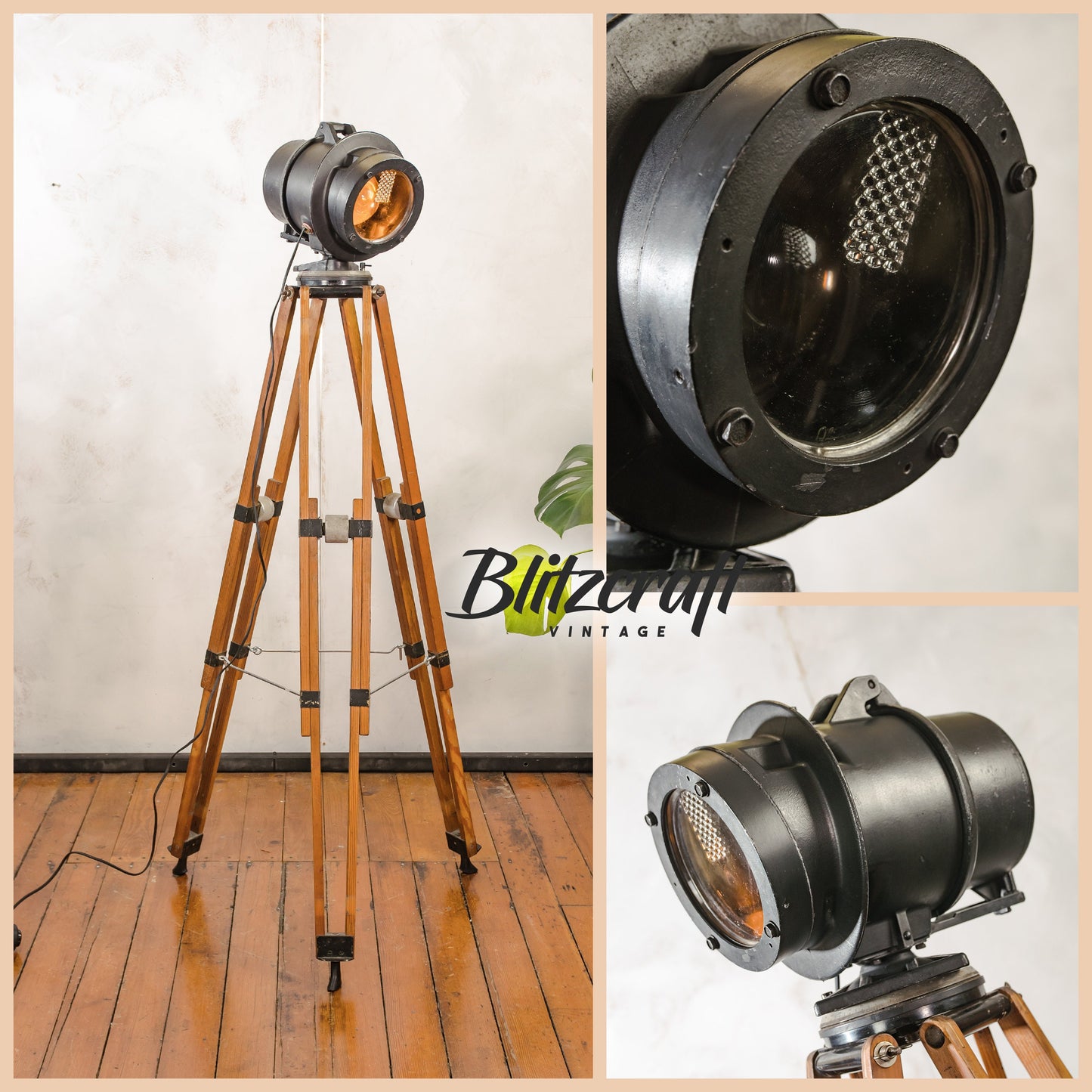 Zwarte spoorweg vloerlamp uit de jaren 50, hergebruikt signaallicht op een vintage houten videografiestatief, industriële staande lamp