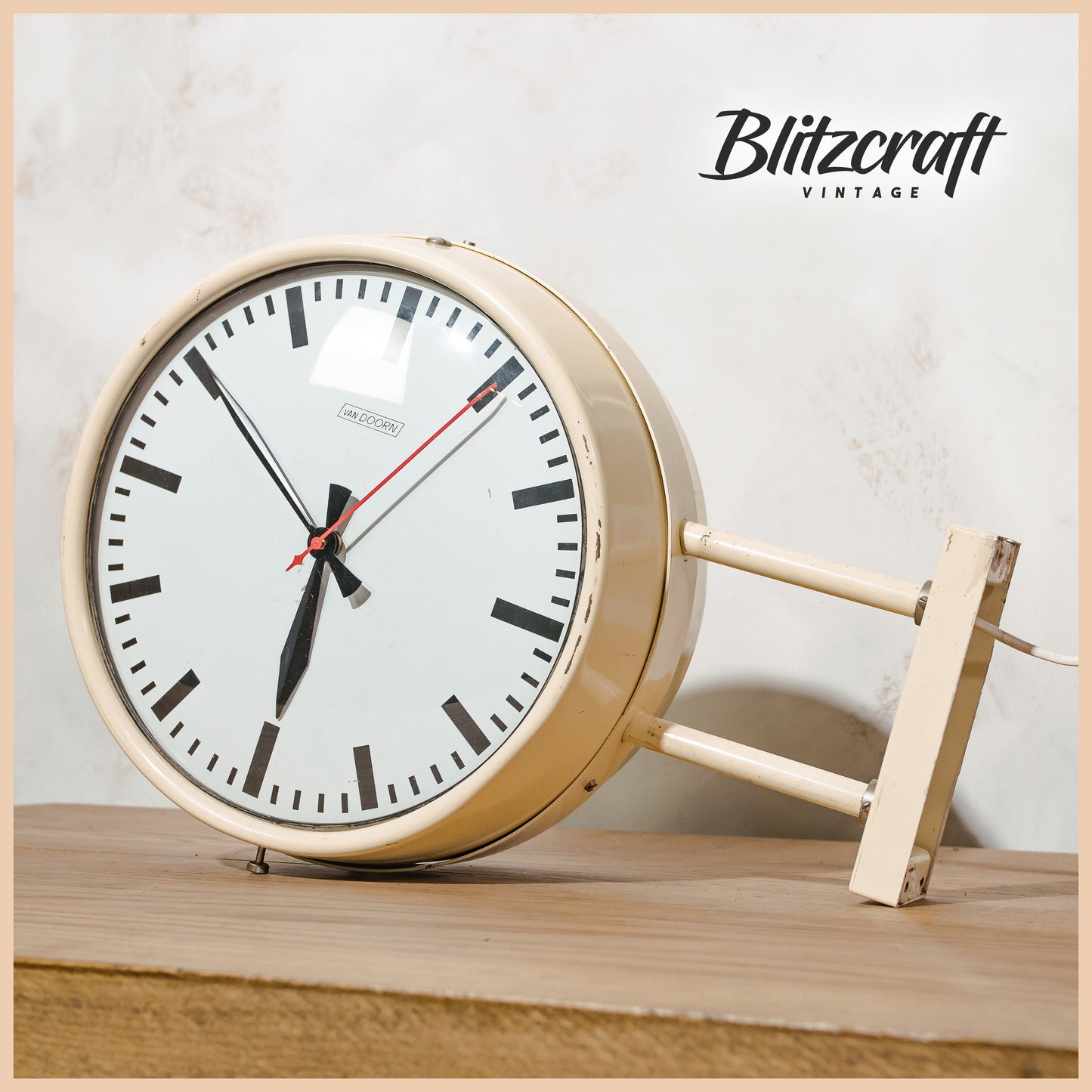 Retro Double sided School Clock by Van Doorn 1970s, Beige Wall or Ceiling mounted Clockwork, Unique gift for a Teacher and Principal