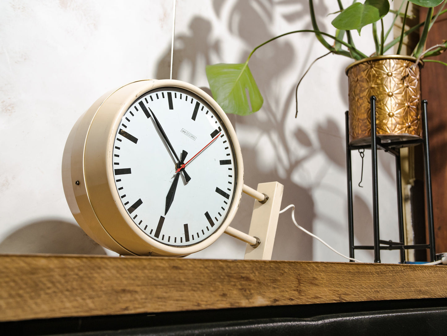 Retro Double sided School Clock by Van Doorn 1970s, Beige Wall or Ceiling mounted Clockwork, Unique gift for a Teacher and Principal