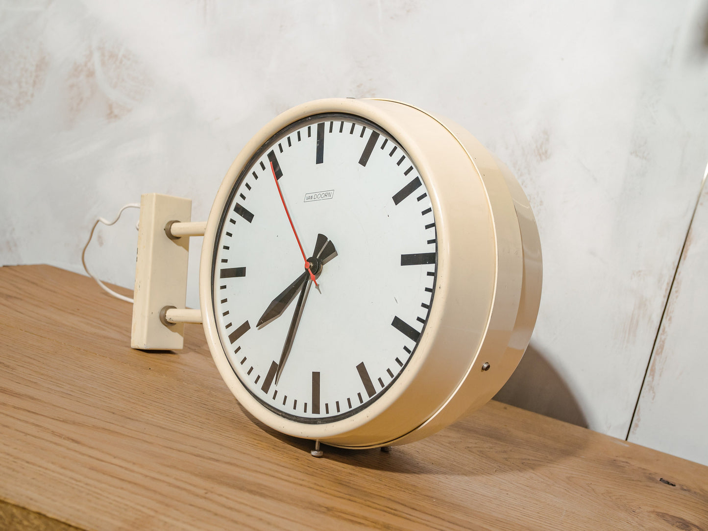 Retro Double sided School Clock by Van Doorn 1970s, Beige Wall or Ceiling mounted Clockwork, Unique gift for a Teacher and Principal
