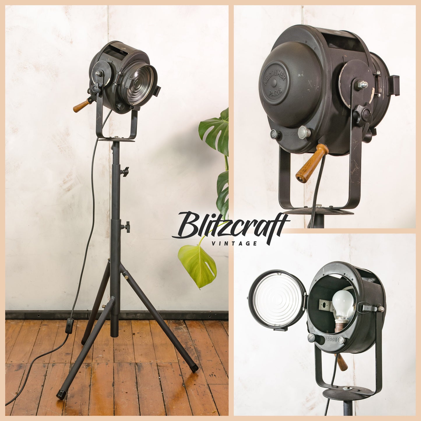 Industriële Theater Staande lamp Zwart 1950s AE Cremer Paris Filmprojector op Verstelbaar Statief, Loftverlichting | Franse Antieke Spotlight