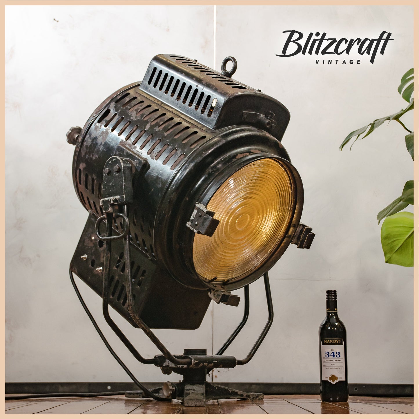 Huge Theater Lamp, 10KW Barrandov 1950s Film Spotlight, Black Studio lamp, Vintage Patina Czech Video lighting, Café Restaurant