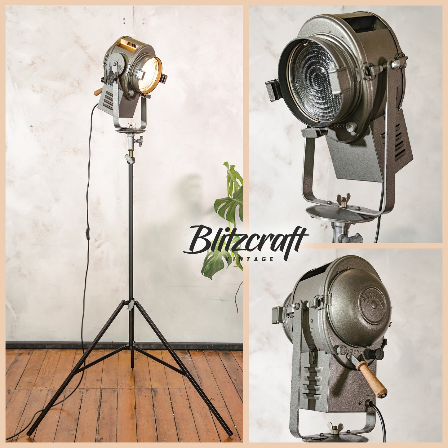 Antique A.E. Cremer Paris 1950s Gray Film Spotlight on Original Tripod, Theatre lamp, Industrial Retro Fresnel Floor lamp, Art deco lighting