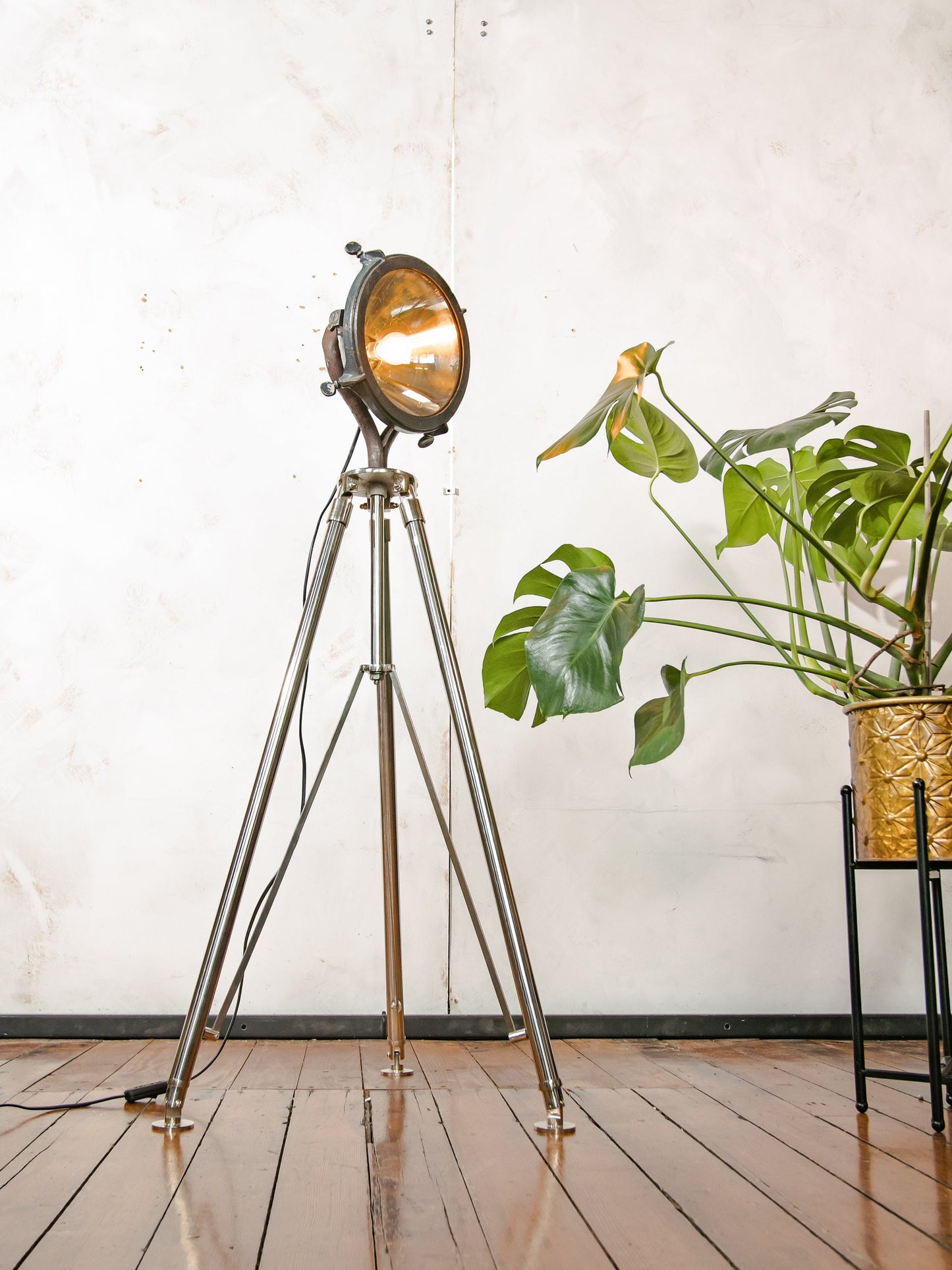 Antique Searchlight Floor lamp, Vintage Headlight on Chrome Tripod, One of a kind Projector lighting Brass parts