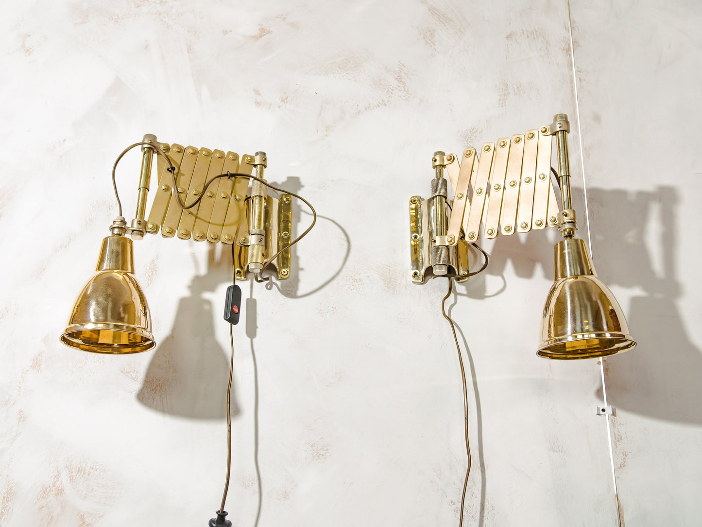Antieke messing schaarlampen SET van 2, gerenoveerde nautische decoratie Harmonica lamp, verlichting van de kaartenkamer, circa 1900 draaibare exclusieve armatuur