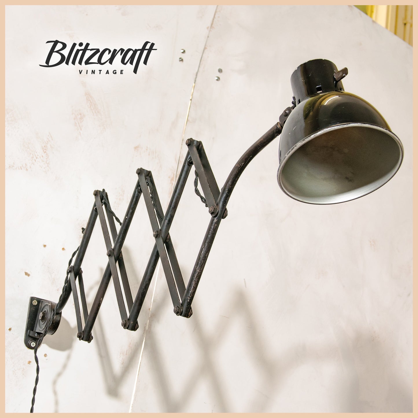 Scissor Lamp Hala 1930s, Black Workshop lamp, Rare Wall Mounted Harmonica Light, Bauhaus Lampshade, Accordion Sconce