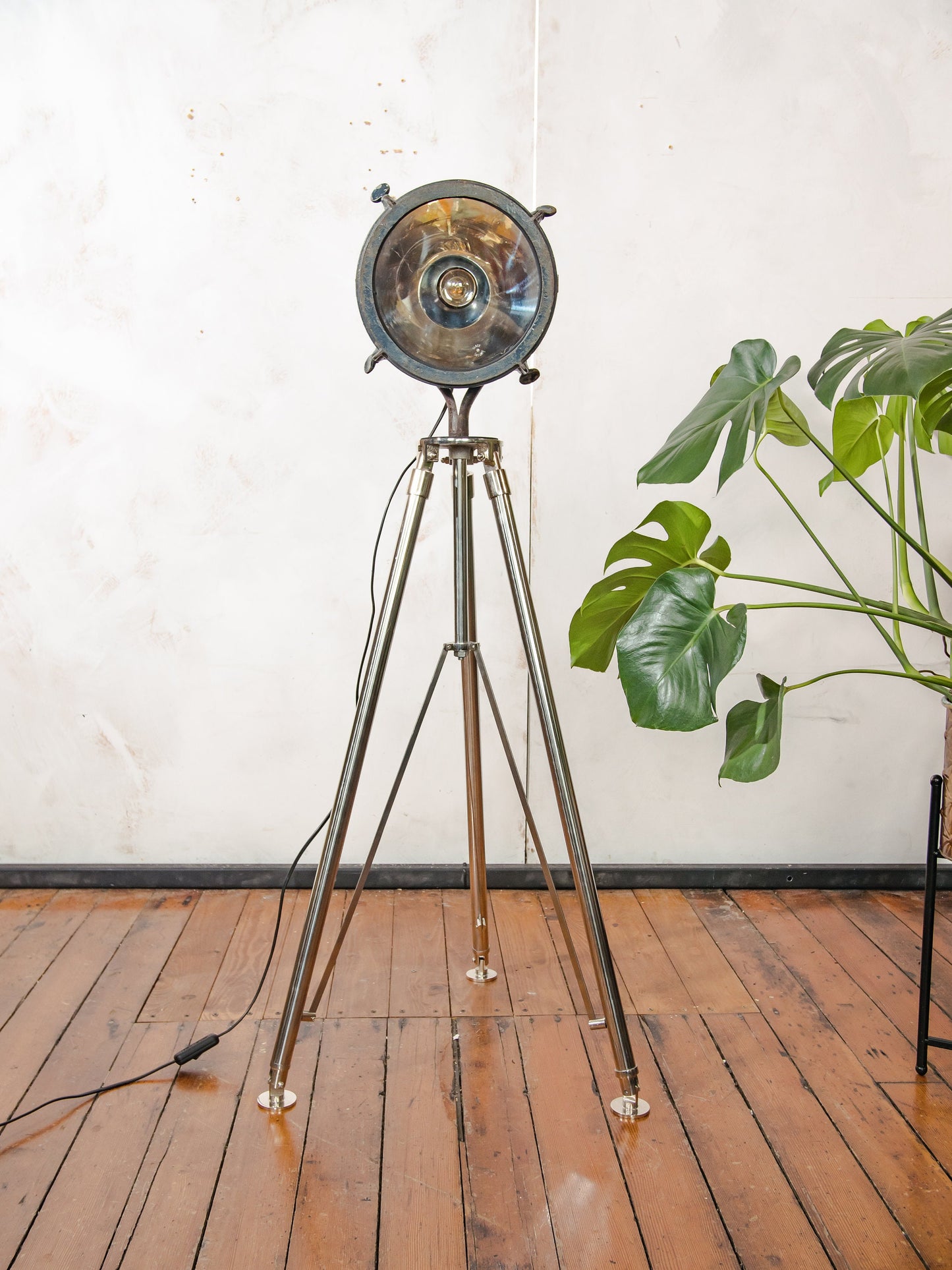 Antique Searchlight Floor lamp, Vintage Headlight on Chrome Tripod, One of a kind Projector lighting Brass parts