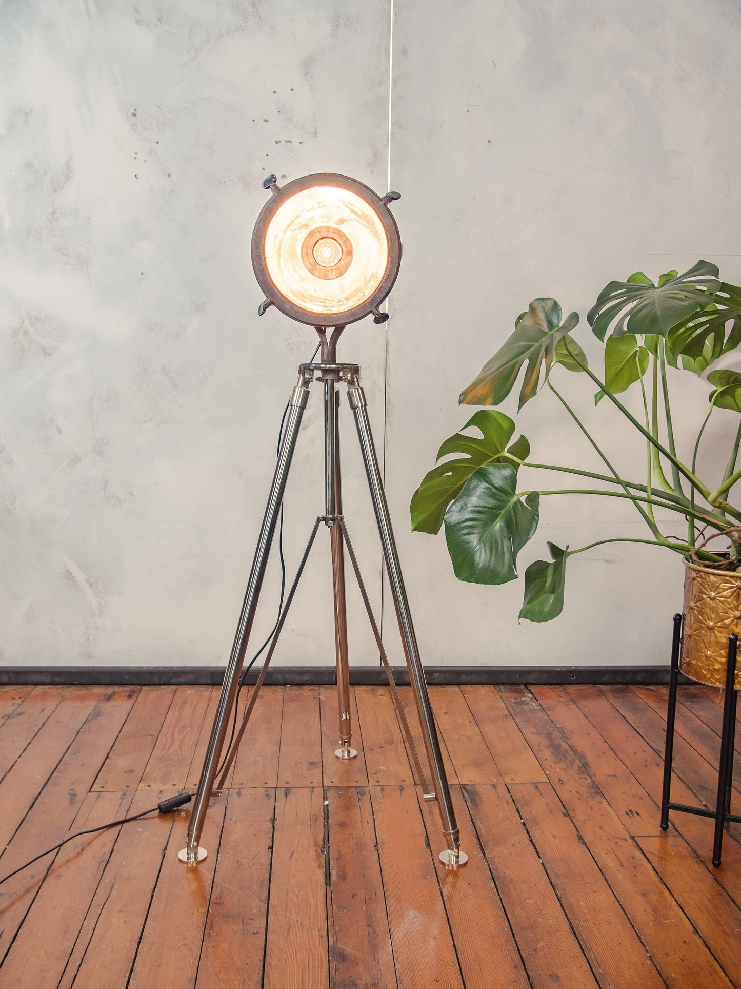 Antique Searchlight Floor lamp, Vintage Headlight on Chrome Tripod, One of a kind Projector lighting Brass parts