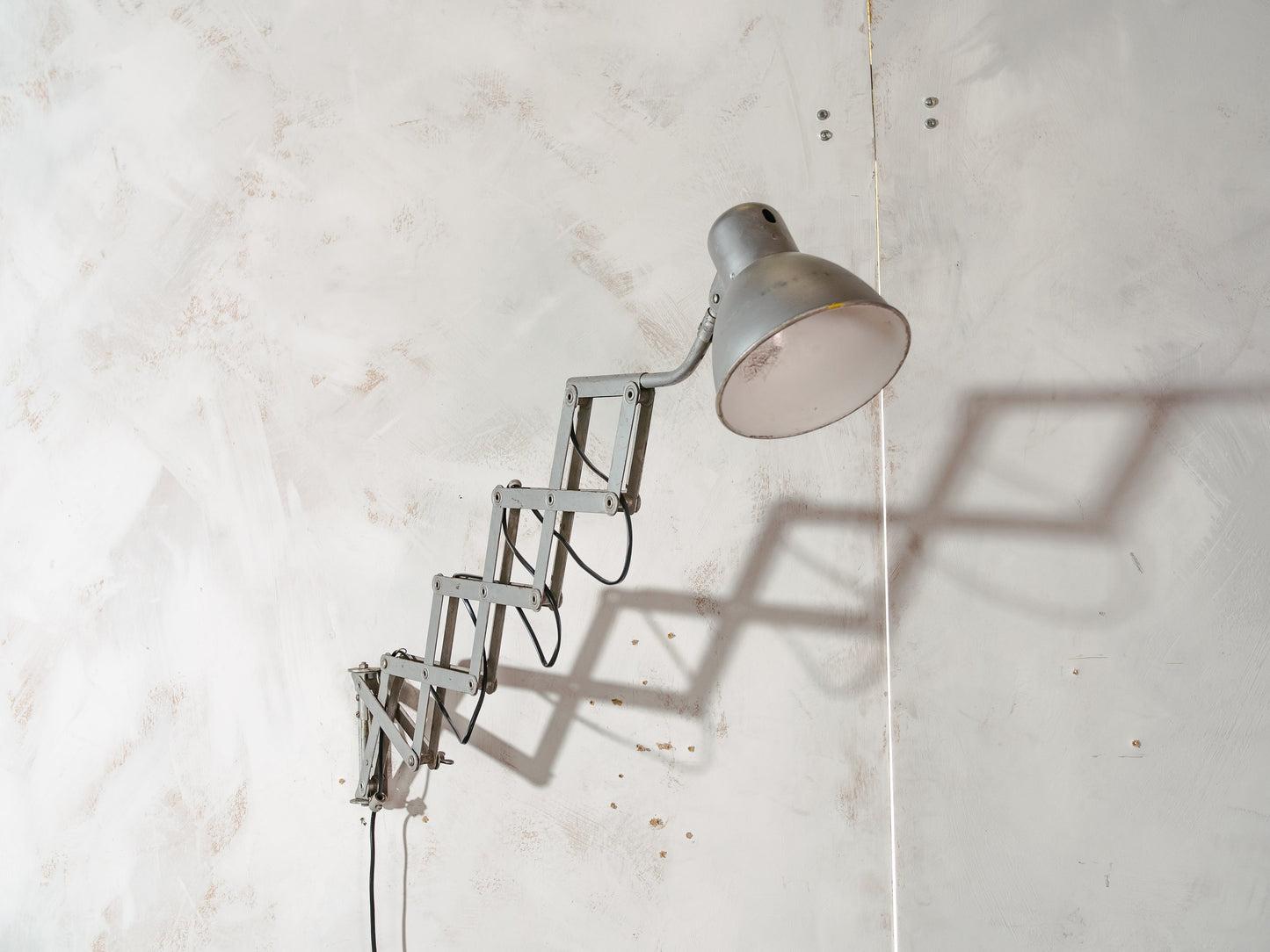 Industrial Gray Scissor Lamp by SIS, 1960s Adjustable Wall mounted light, Harmonica light, Accordion Workshop lighting