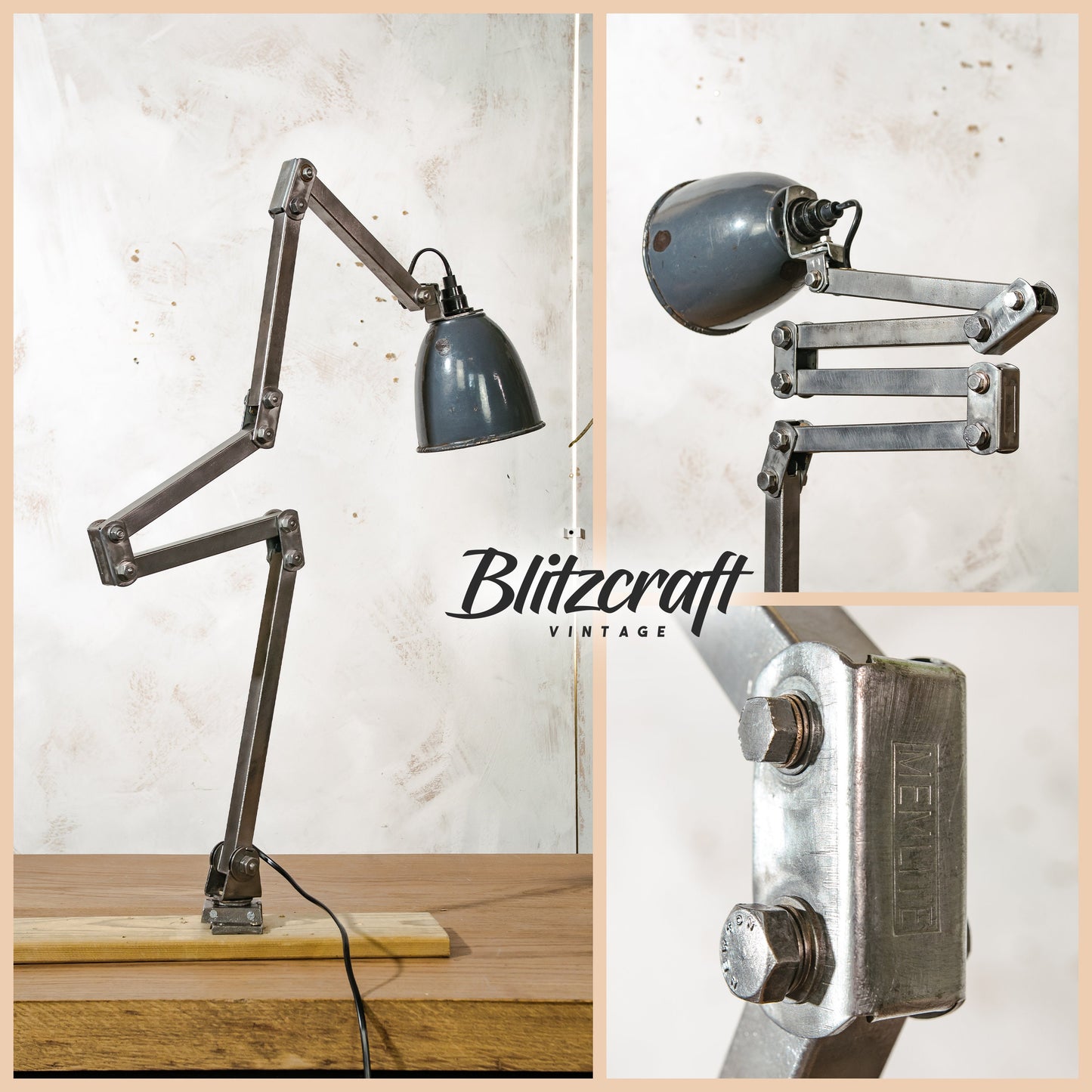 MEMLITE 5-armige stalen industriële ingenieursbureaulamp, zeldzame vintage gerenoveerde machinelamp uit de jaren 50