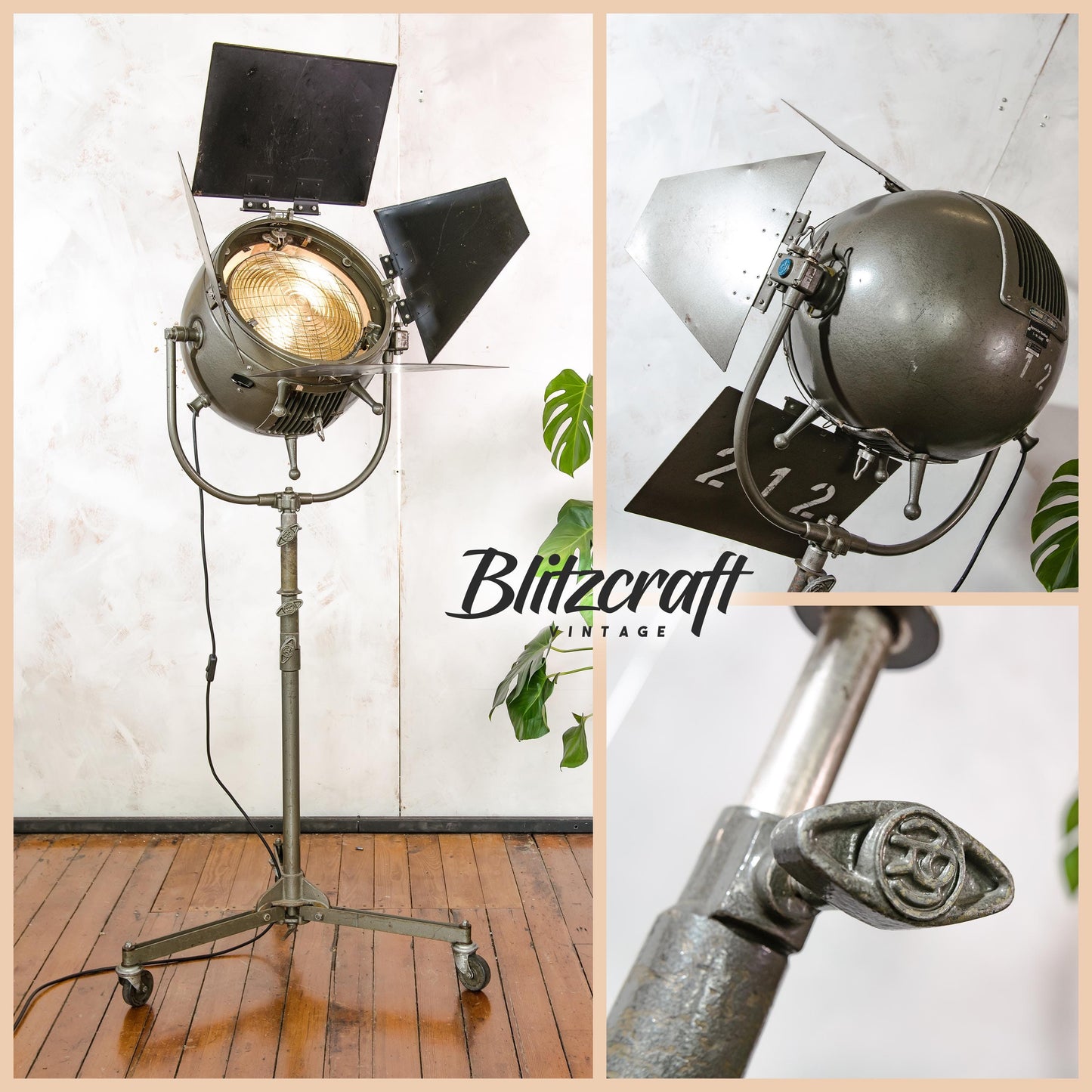 Mole Richardson 612 Sputnik Hollywood Film Spotlight op M&R Rolling Tripod, zeldzame tv-projector uit de jaren 50, gemaakt in Engeland, unieke vintage lamp