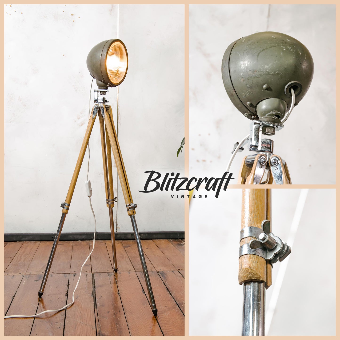 Military Headlight on a Wooden Aluminum Chelico Photography Tripod, Old Army Floor lamp can be converted into Desk lamp