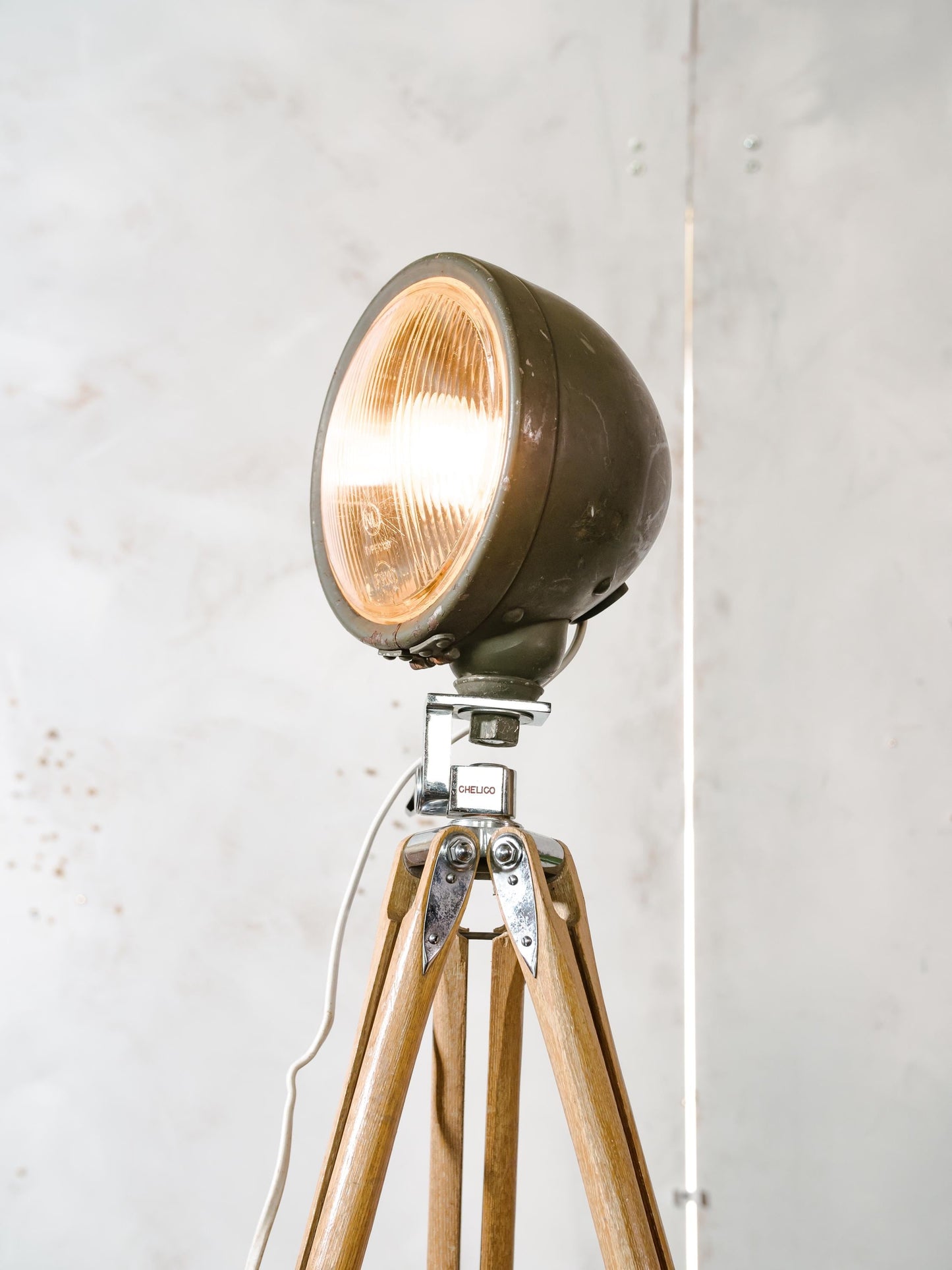 Military Headlight on a Wooden Aluminum Chelico Photography Tripod, Old Army Floor lamp can be converted into Desk lamp