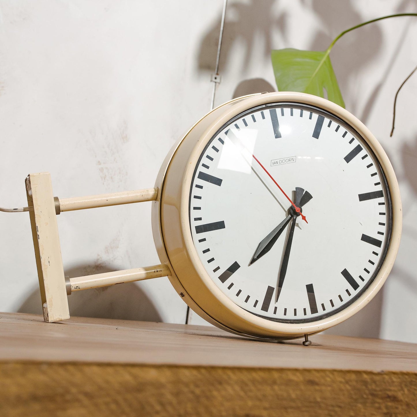 Retro Double sided School Clock by Van Doorn 1970s, Beige Wall or Ceiling mounted Clockwork, Unique gift for a Teacher and Principal