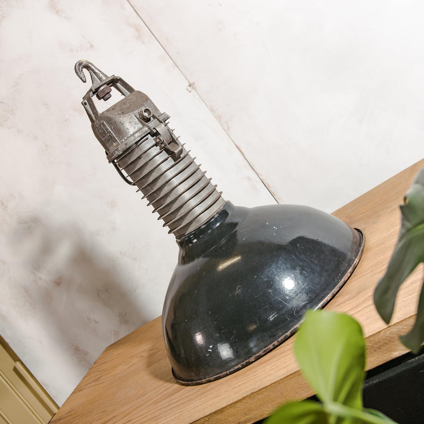 Industrial Factory Pendant lamp with Patina, Philips Hanging lamp workshop enamel 1950s