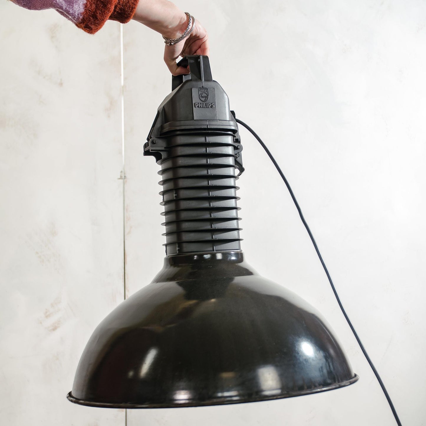 Black Enamel Factory Pendant Light by Philips, 1950s Industrial interior Workshop Ceiling lamp, Loft large hanging lamp