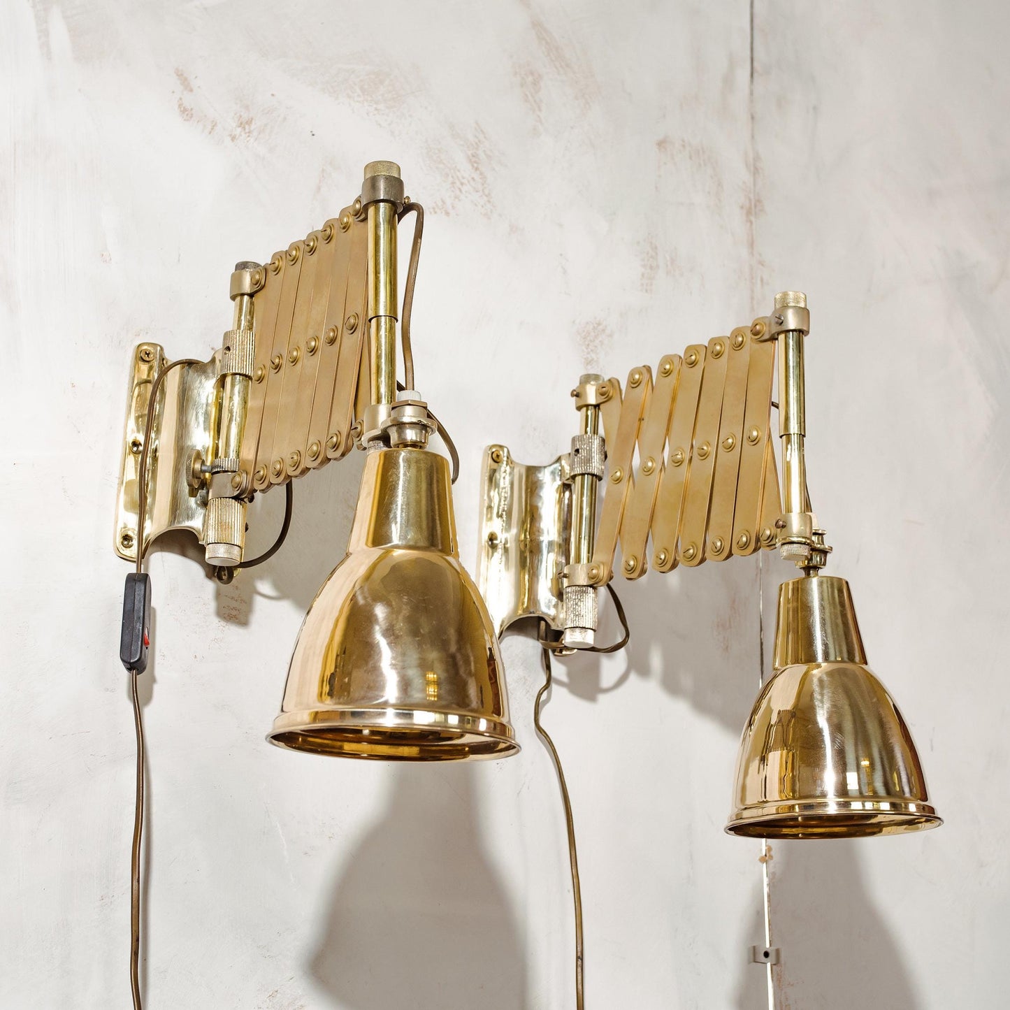Antieke messing schaarlampen SET van 2, gerenoveerde nautische decoratie Harmonica lamp, verlichting van de kaartenkamer, circa 1900 draaibare exclusieve armatuur