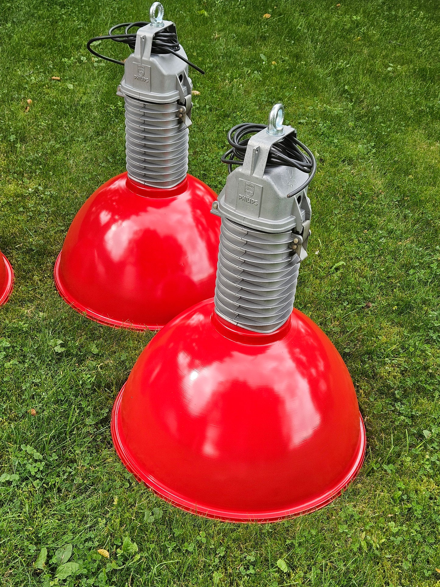 CUSTOM ORDER KARLA - 3 X PHILIPS PENDANT 1950s RED / SILVER + Glass Lens
